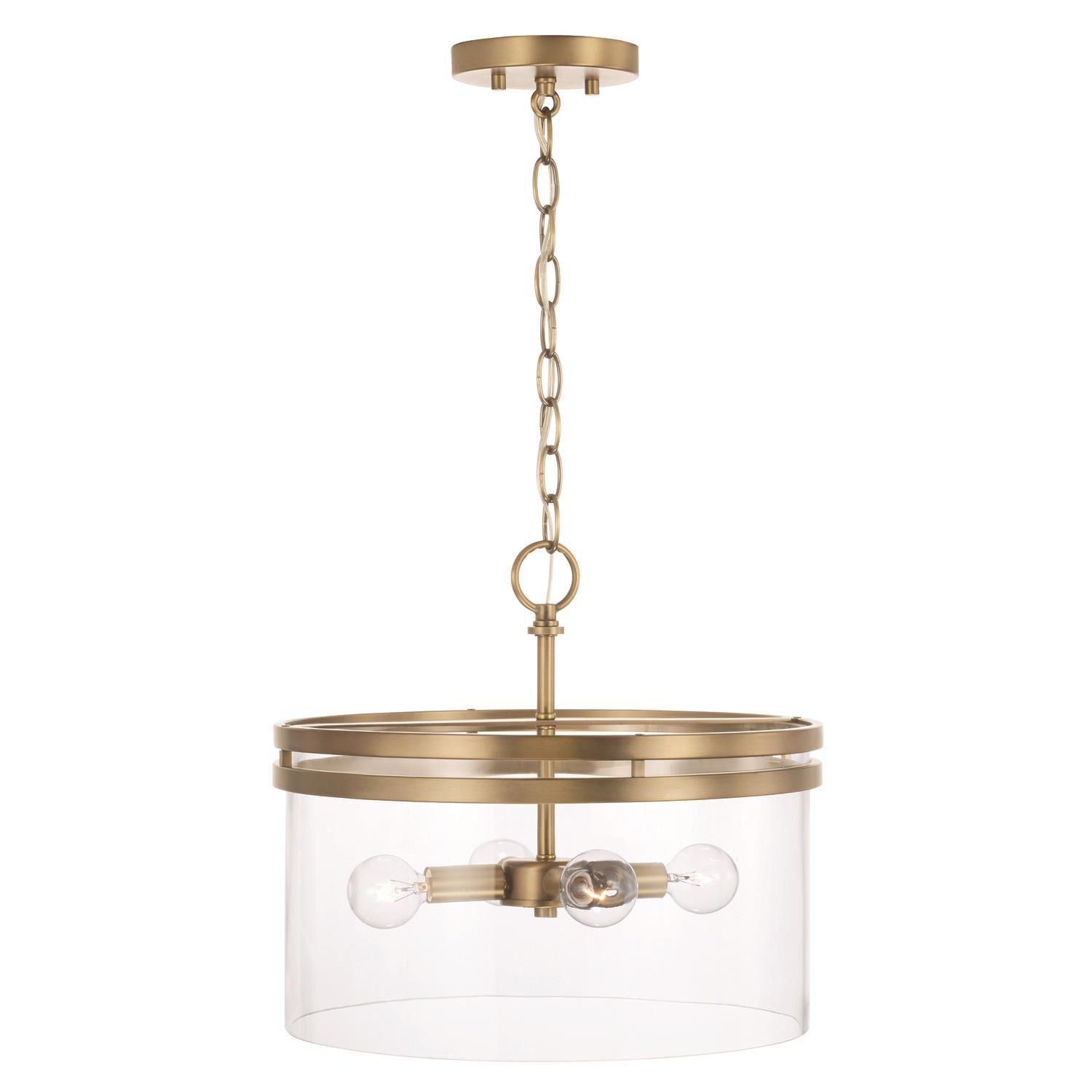 Shown in Aged Brass finish and Clear glass