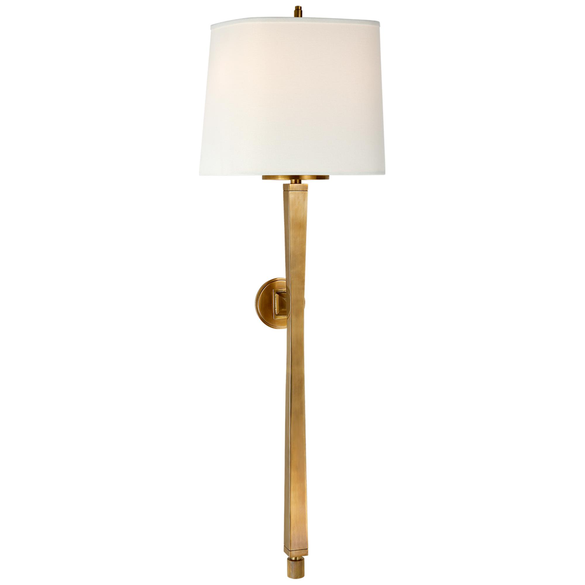 Shown in Hand-Rubbed Antique Brass finish and Linen Shield shade