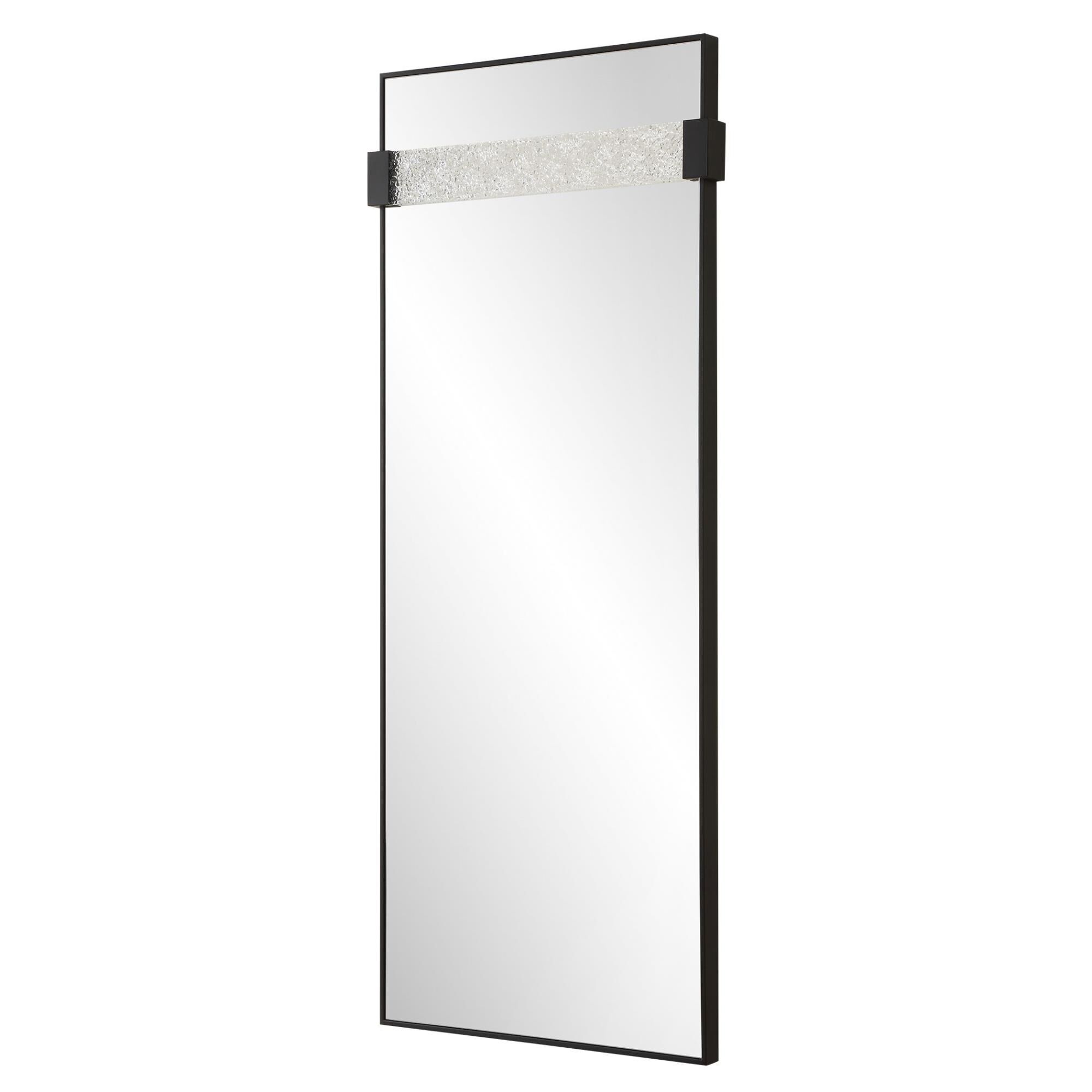 Shown in The Stratton Mirror Is Constructed In A Linear Satin Black Iron Frame, Featuring A Suspended Acrylic finish