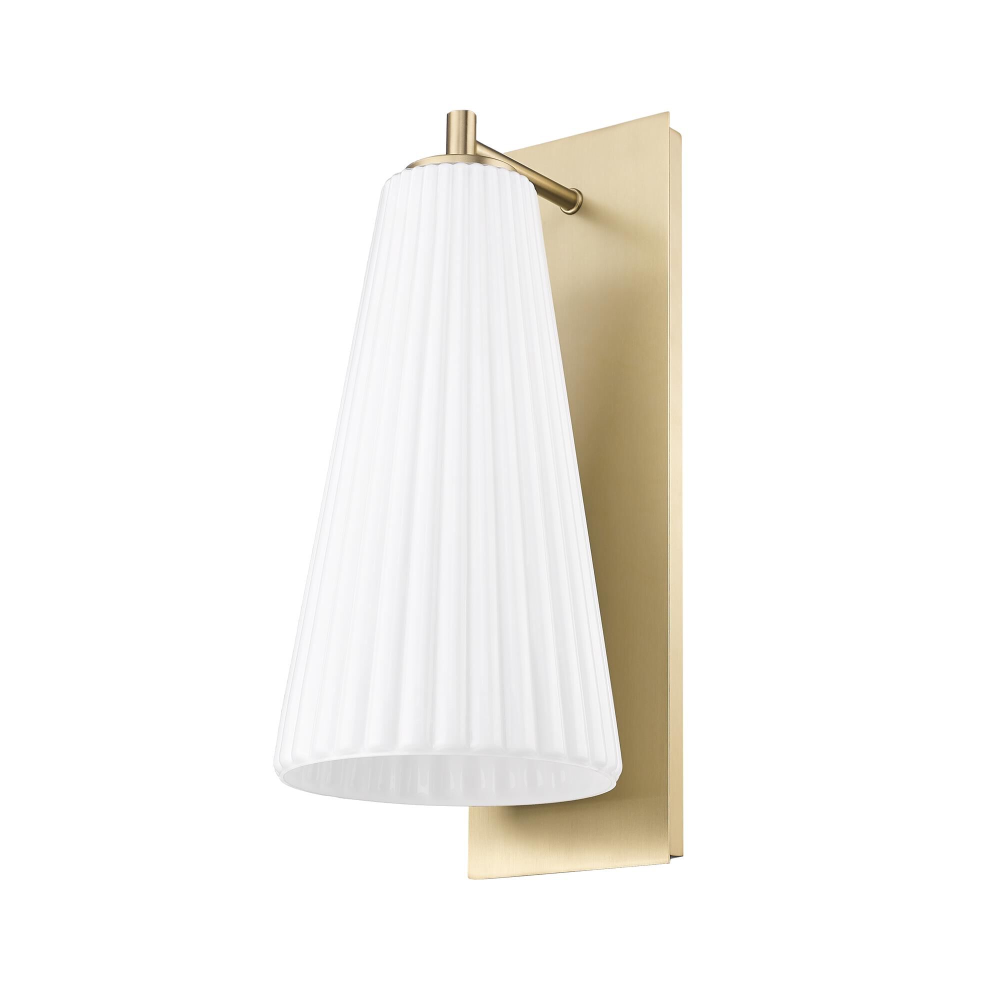 Shown in Modern Gold finish and White glass and White shade