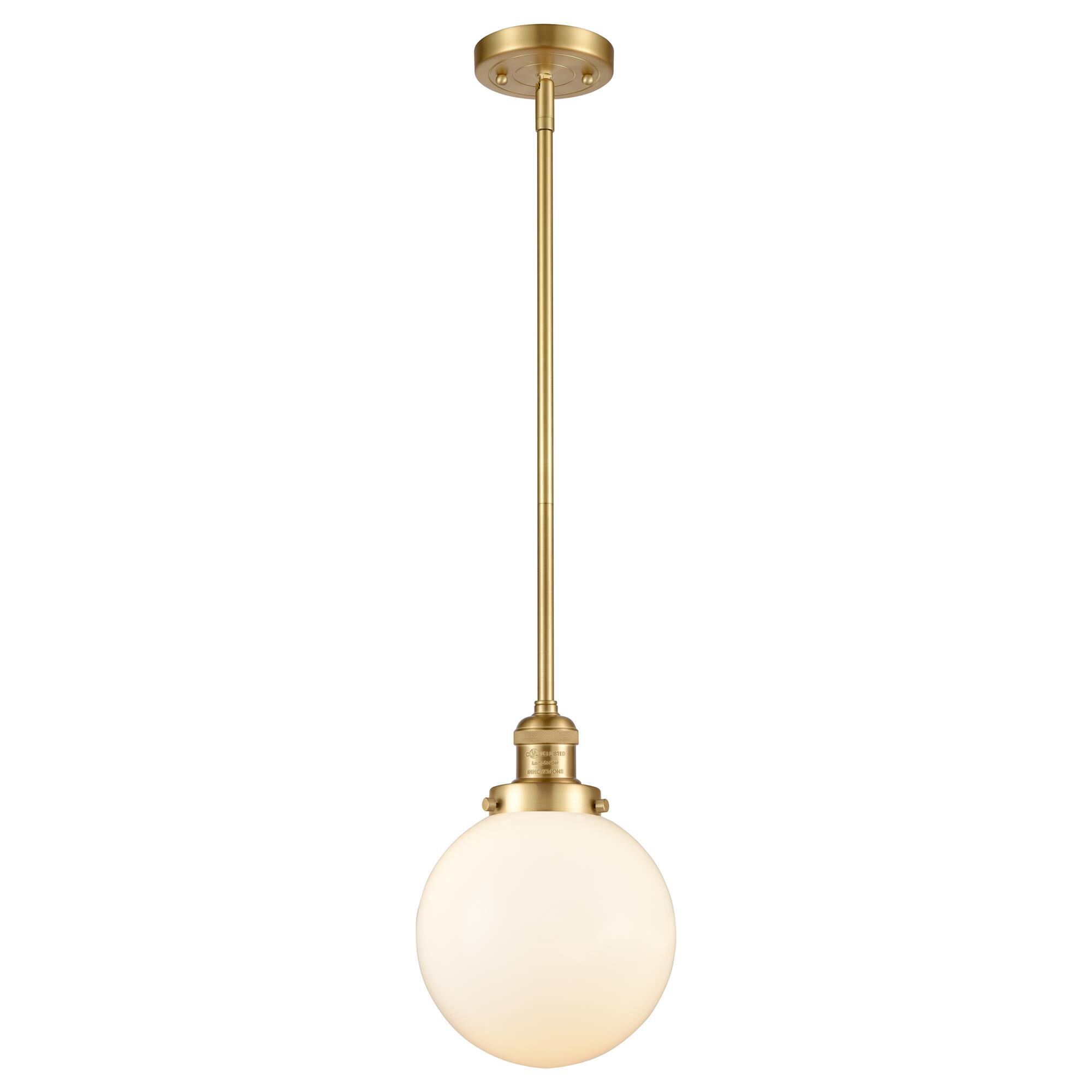 Shown in Satin Gold finish and Matte White Cased Beacon glass