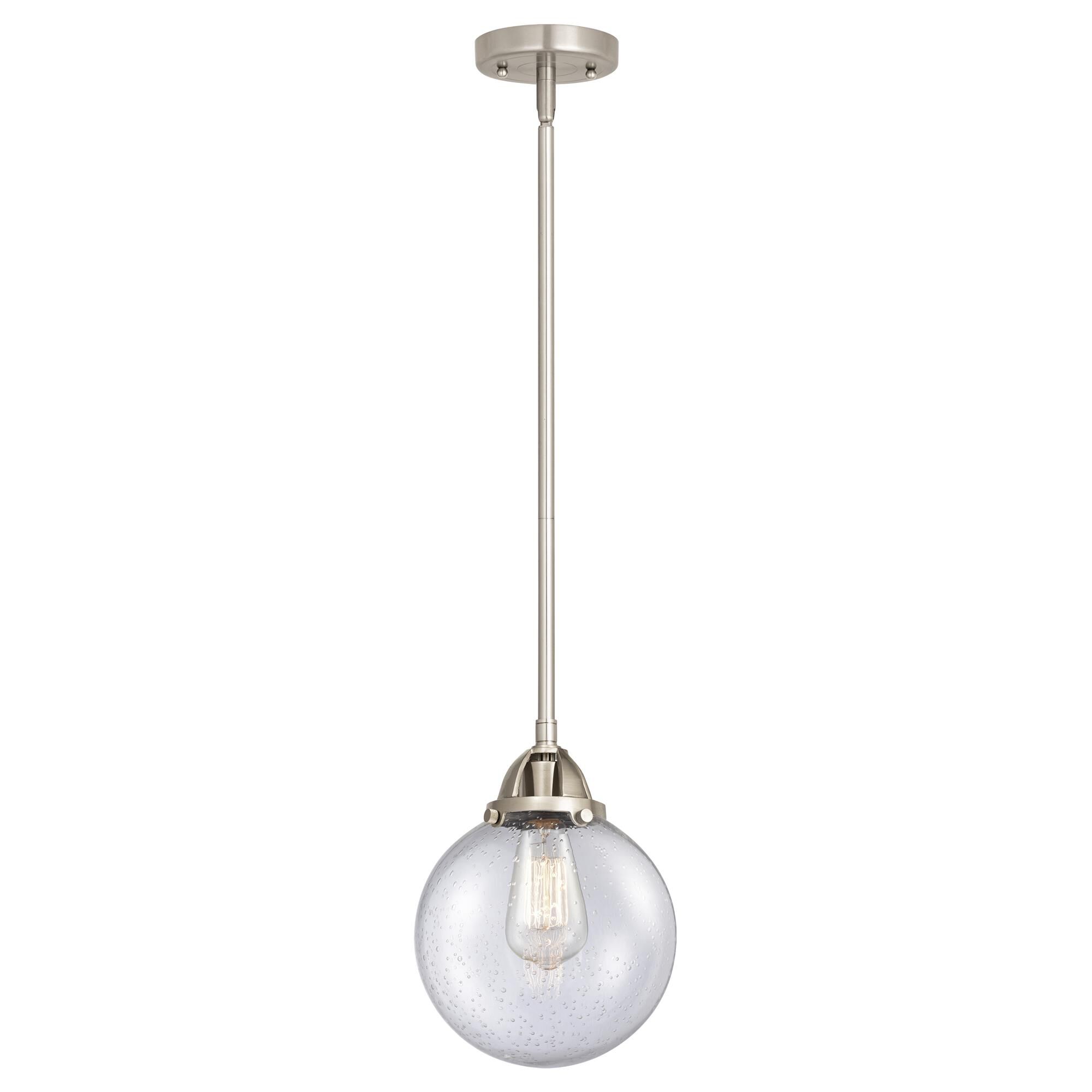 Shown in Brushed Satin Nickel finish and Seedy Globe glass and No Shade shade