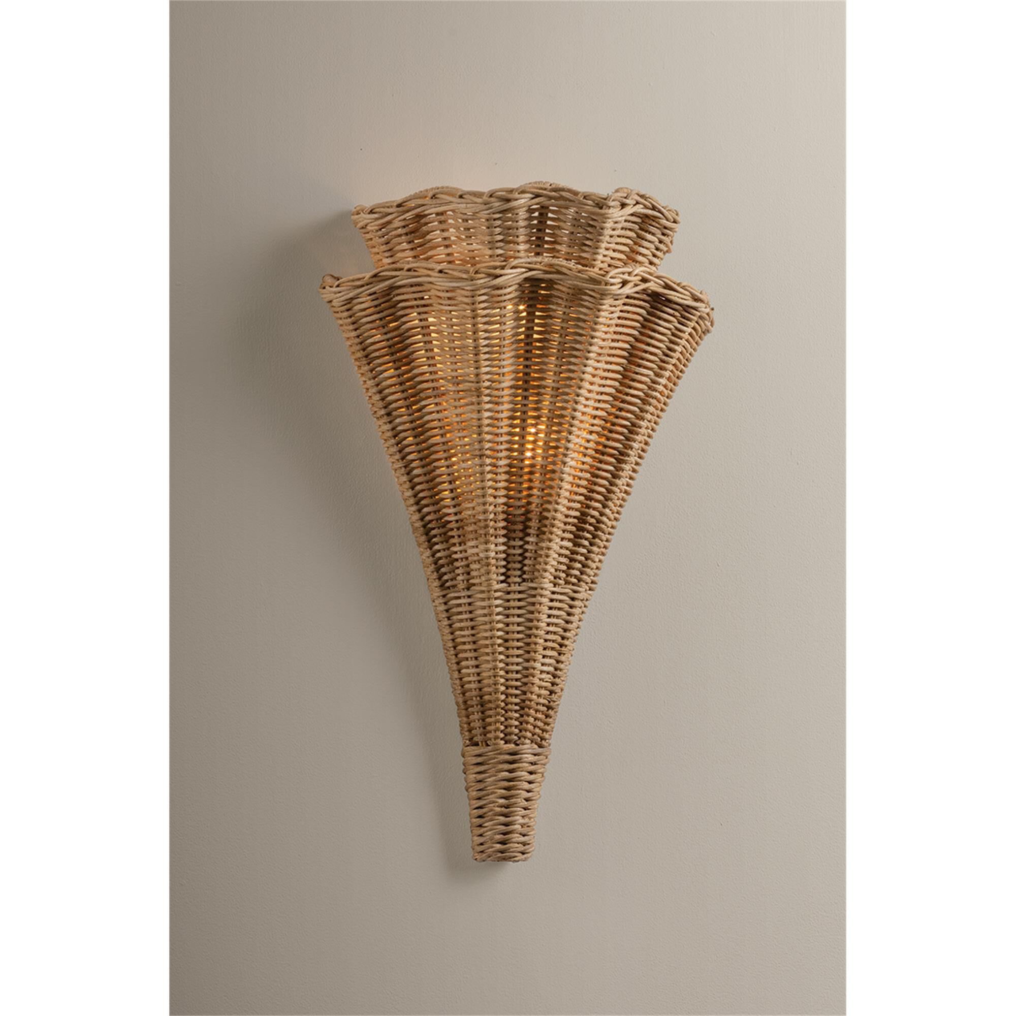 Shown in Vintage Gold Leaf finish and Natural Woven Light Natural Wicker shade