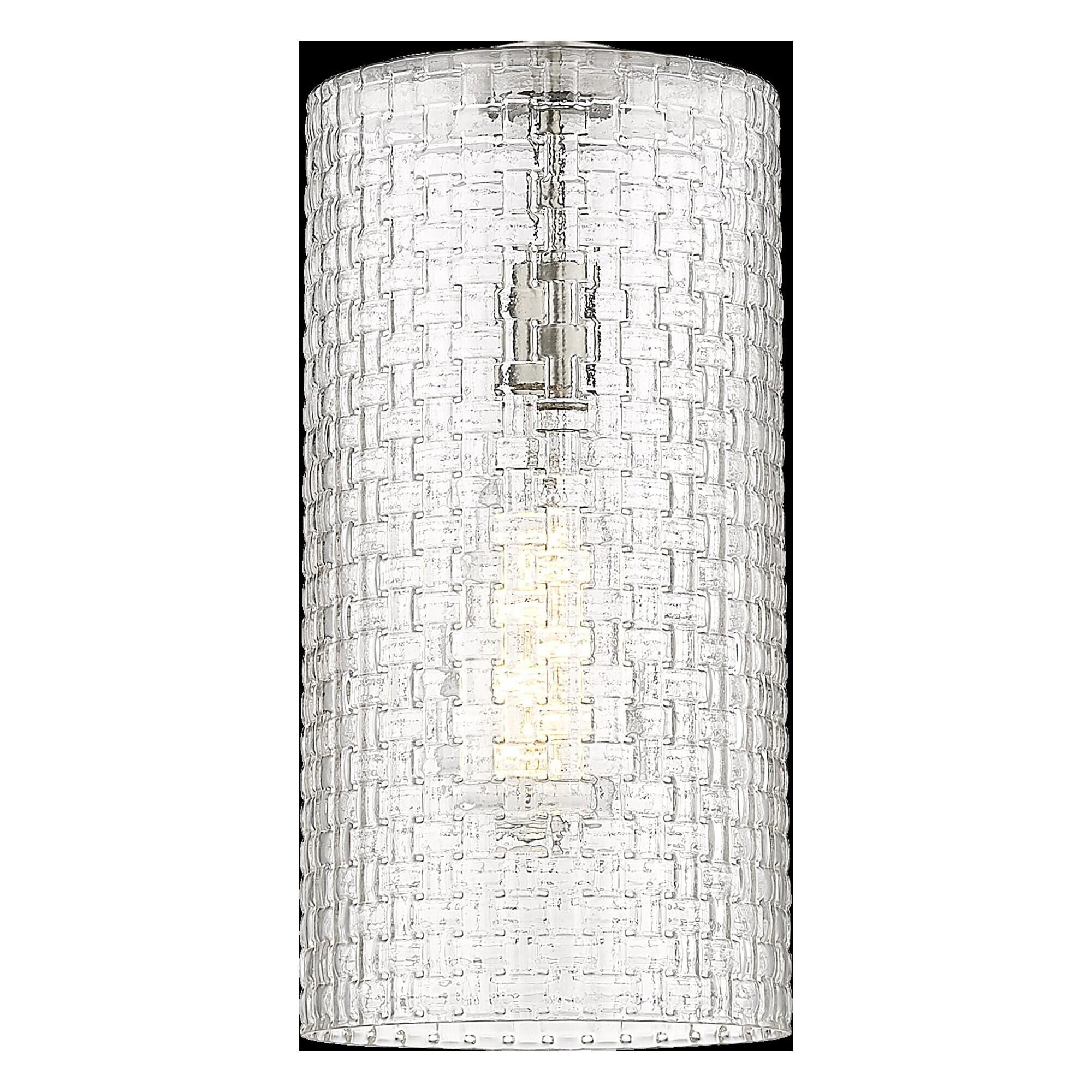 Shown in Brushed Satin Nickel finish and Clear Basket Weave glass