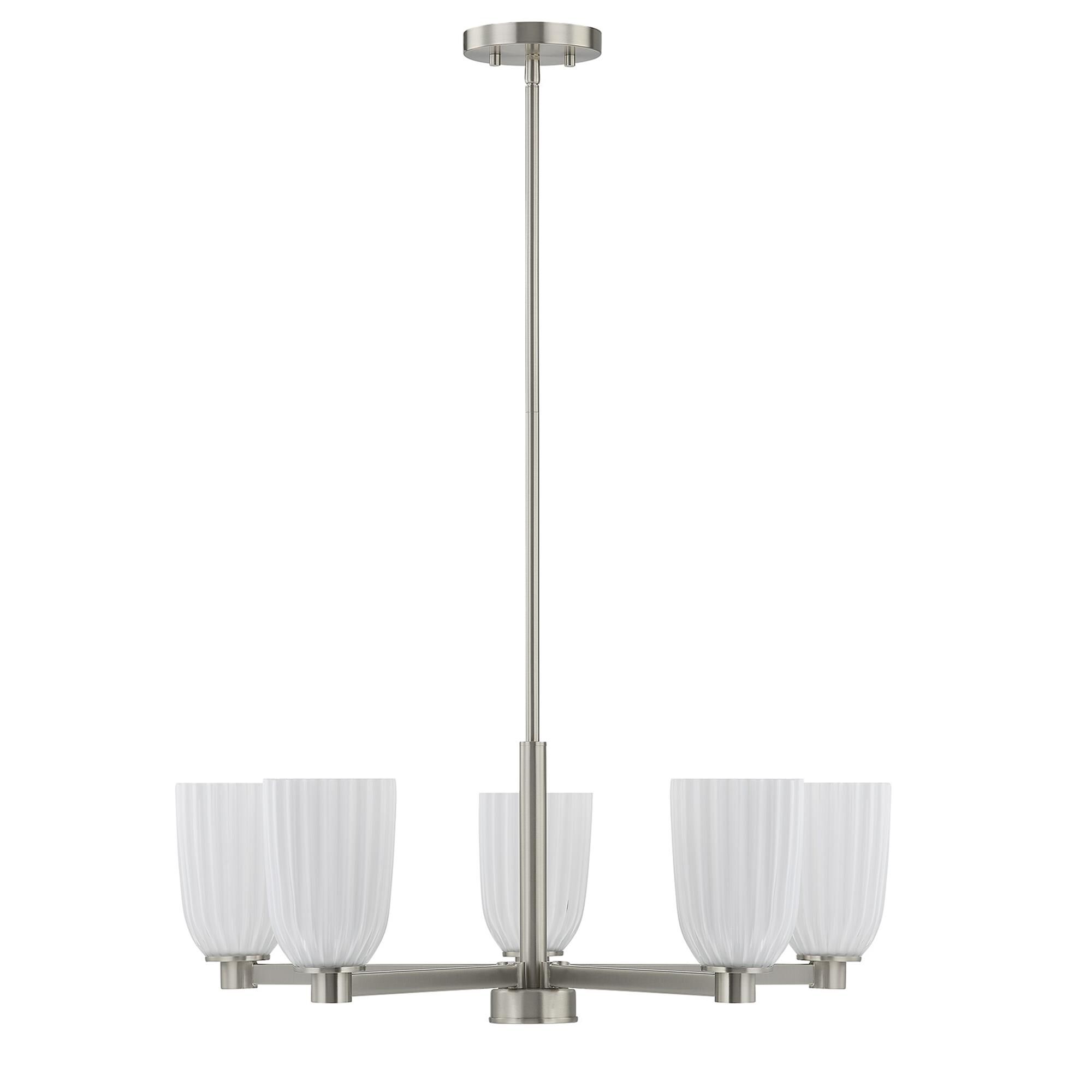 Shown in Satin Nickel finish and White Opal Ribbed glass