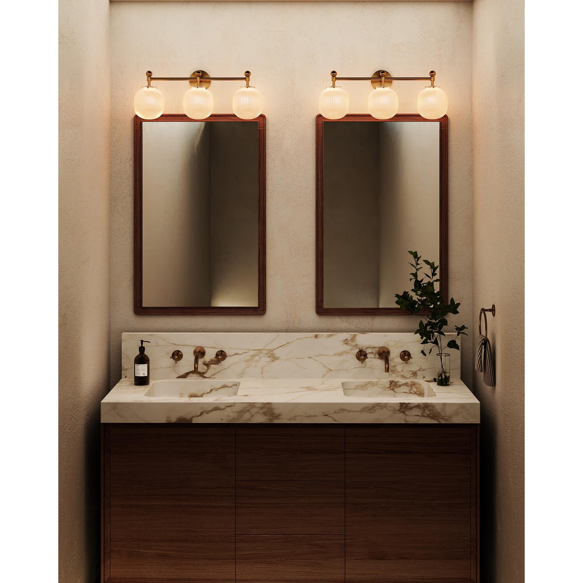 Shown in Brushed Gold finish and Glossy Ribbed Opal glass