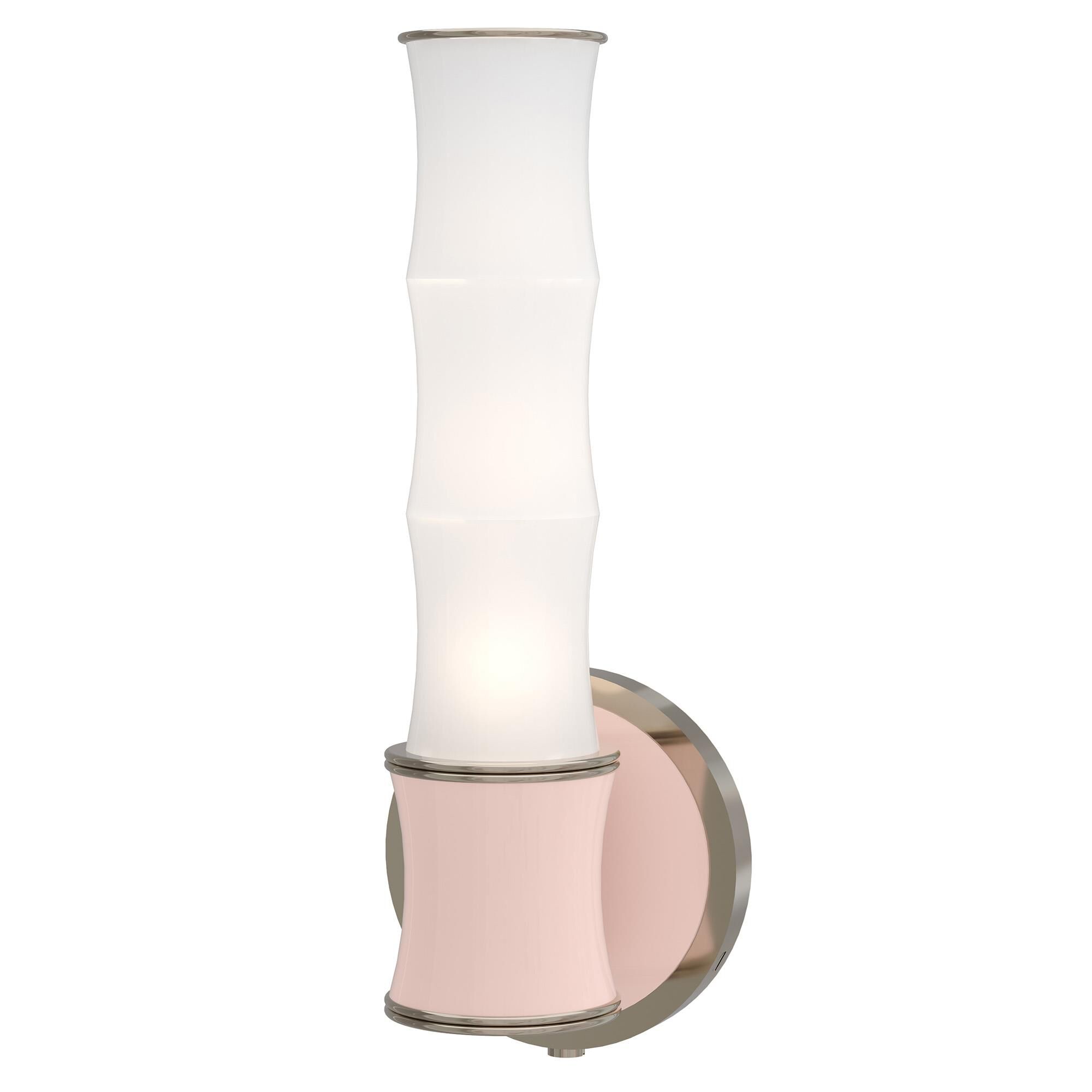 Shown in Rose Water finish and White Frosted glass and Polished Nickel accent