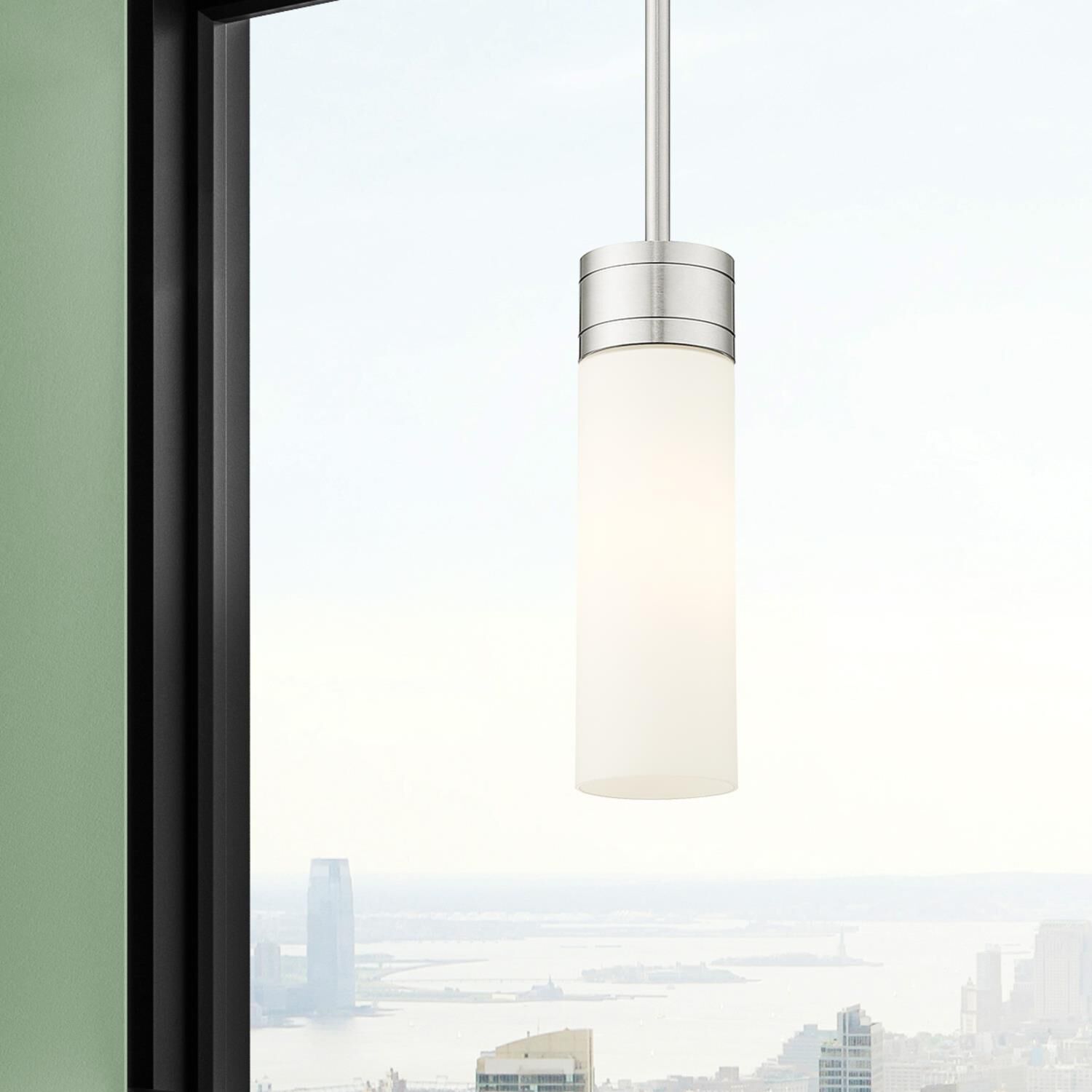 Shown in Satin Nickel finish and White glass