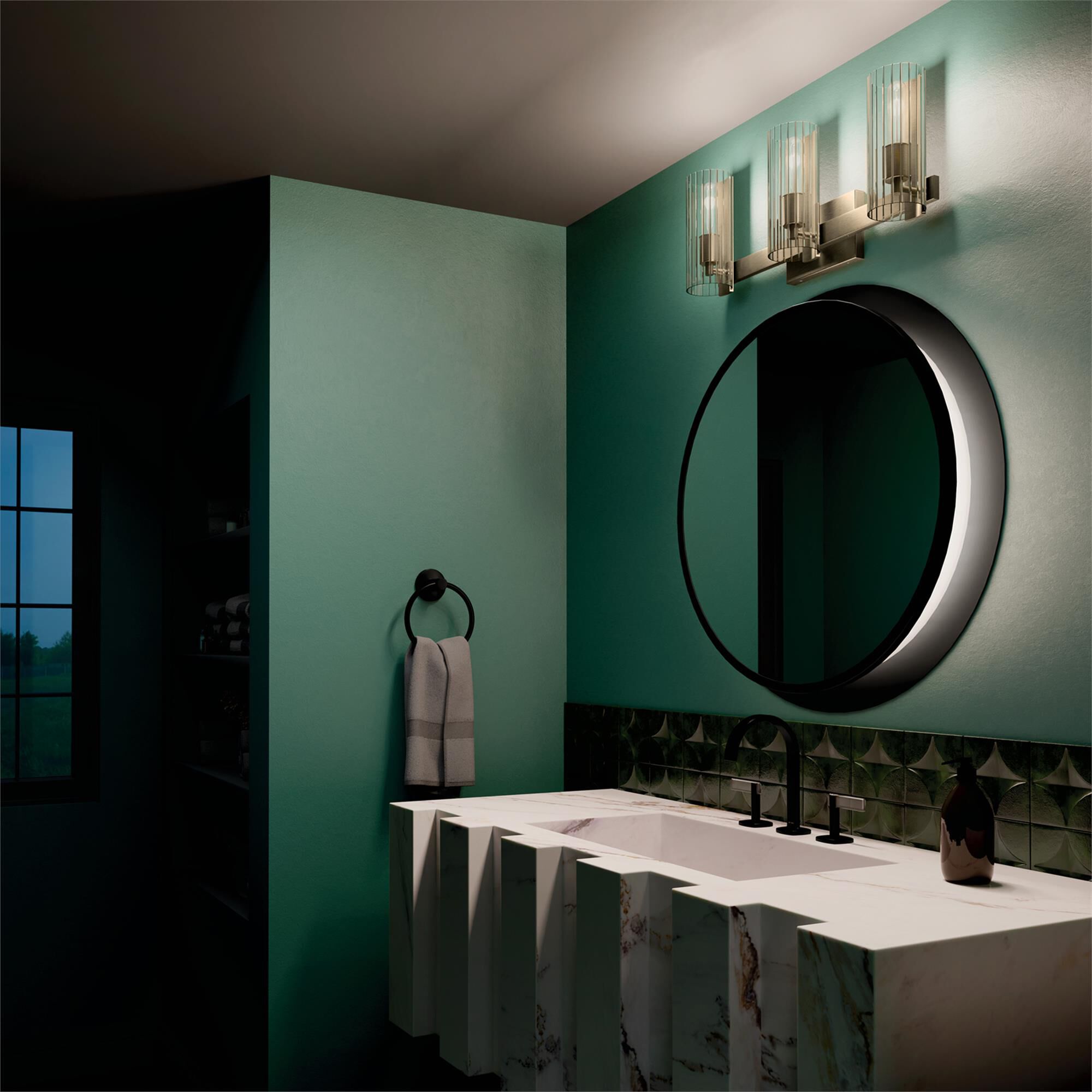 Shown in Champagne Bronze finish and Clear Fluted glass