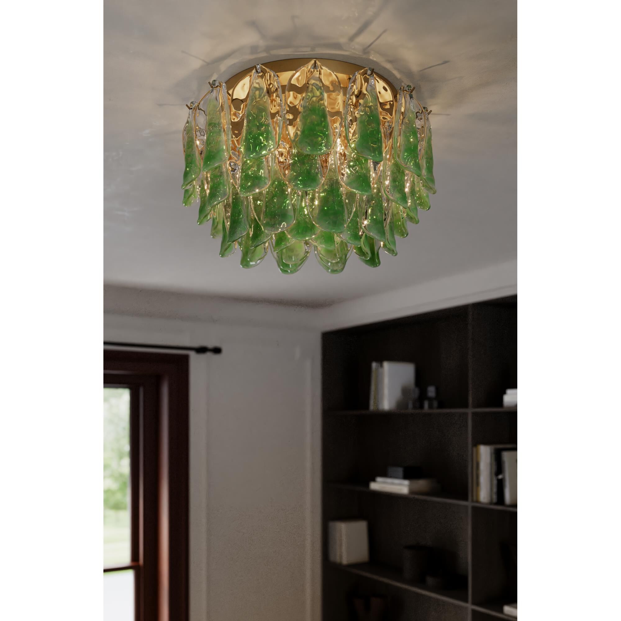 Shown in Legacy Brass finish and Green and Clear Hand-Formed glass
