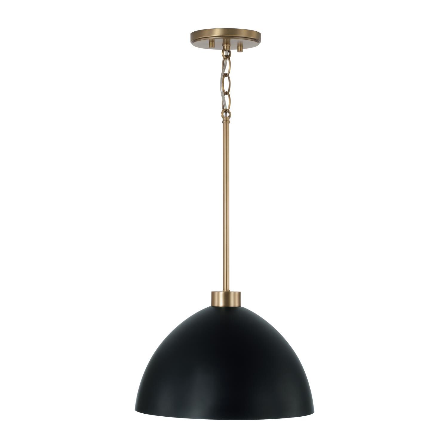 Shown in Aged Brass And Black finish and Matte Black Metal  With White Interior shade