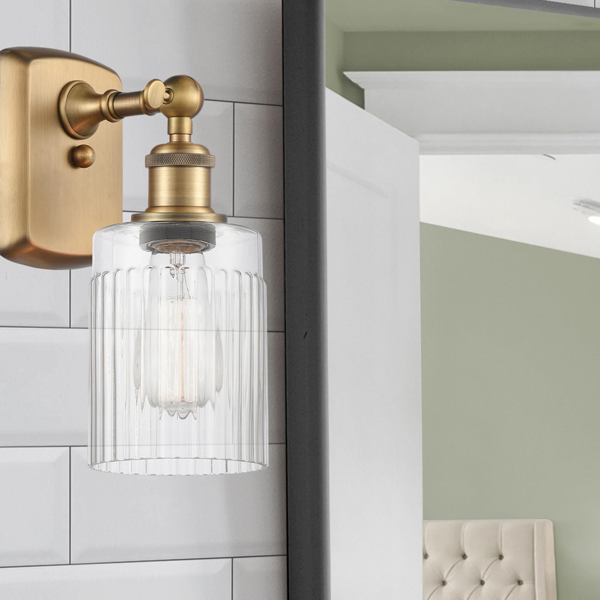 Shown in Brushed Brass finish and Drum glass and Glass shade