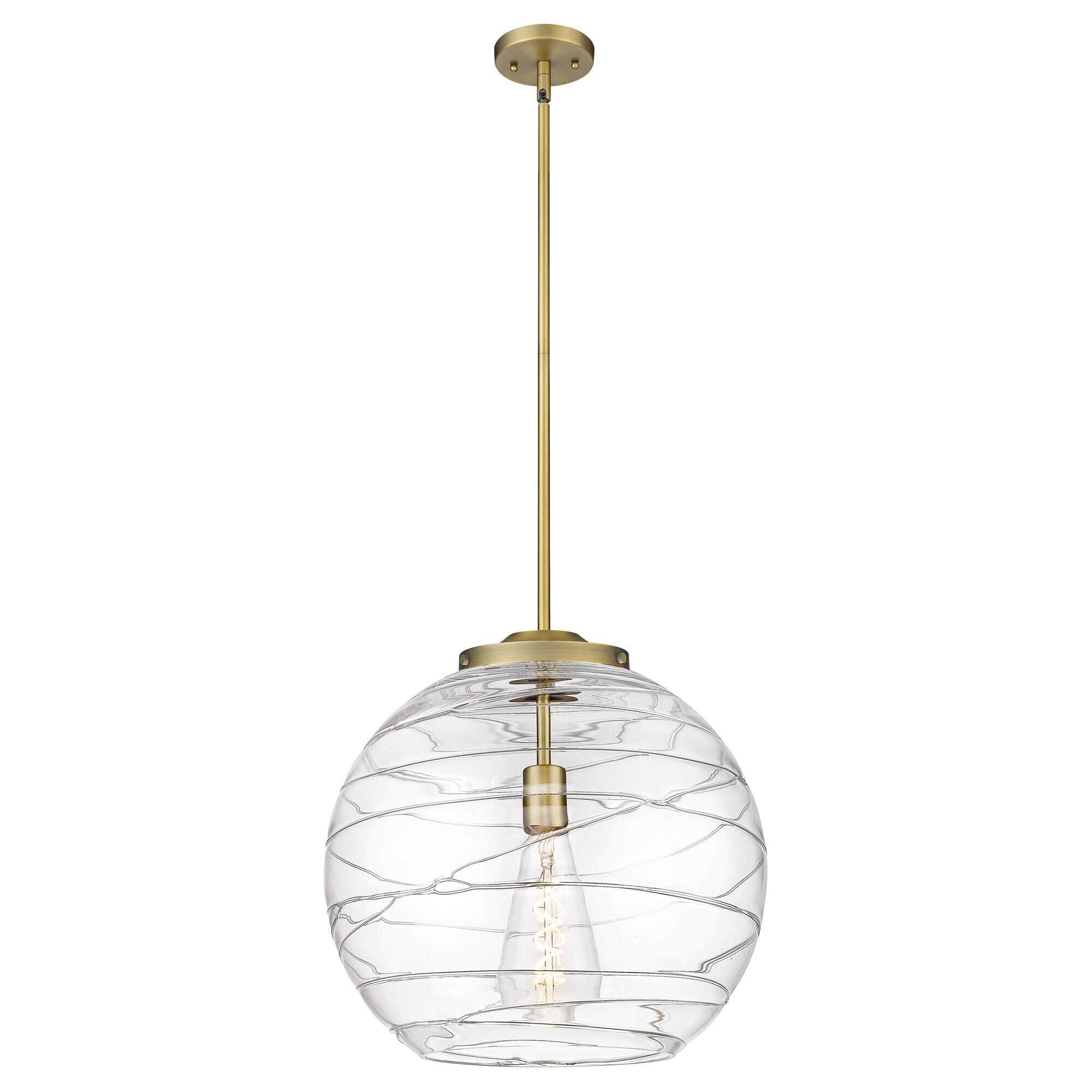 Shown in Brushed Brass finish and Smoke Deco Swirl glass