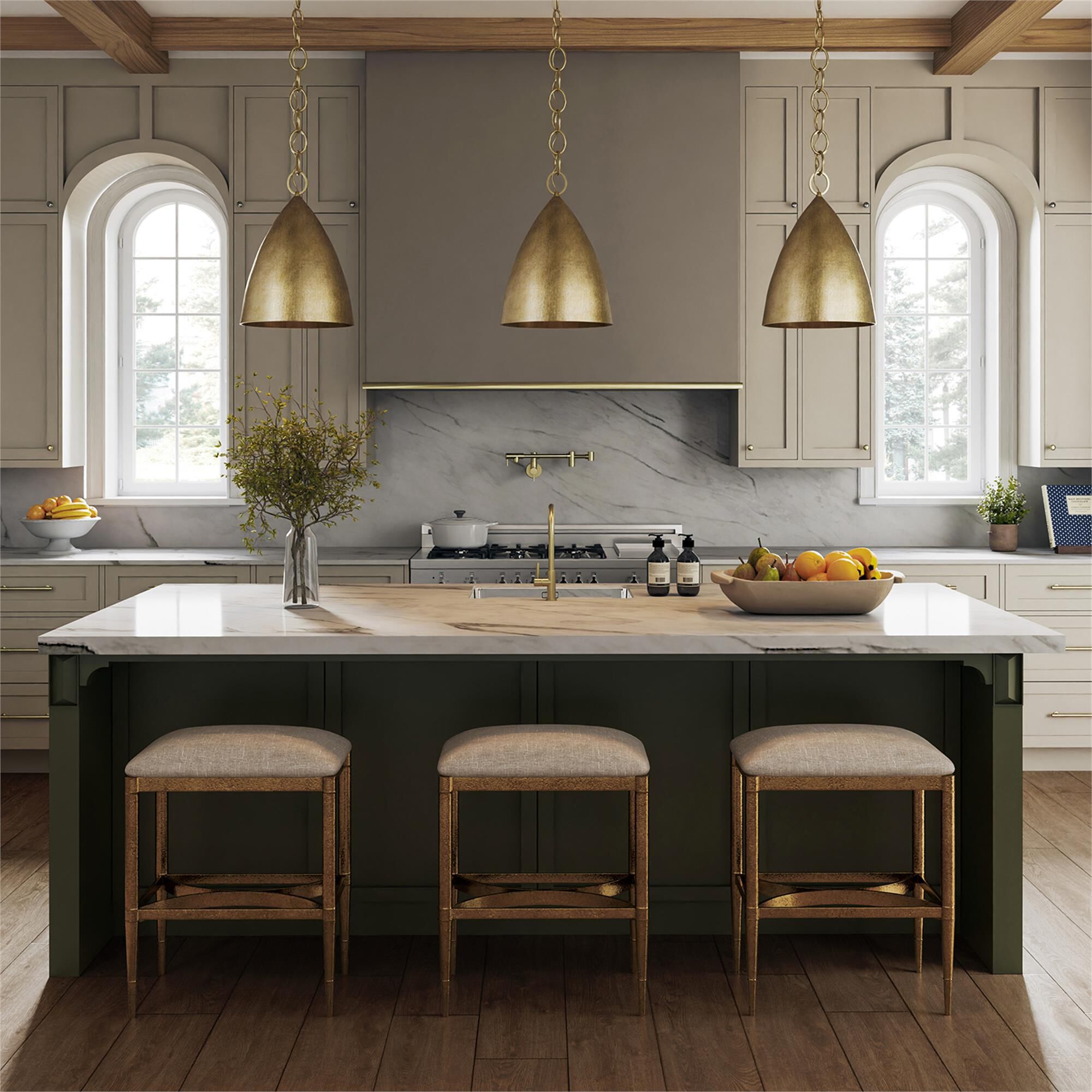 Shown in Feathered Gold finish and Textured Metal shade