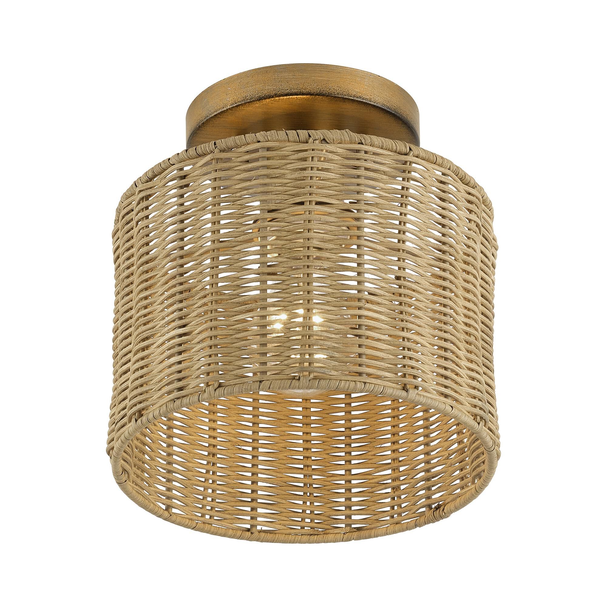 Shown in Antique Gold Leaf finish and Hand-Woven Rustic Walnut Color Rattan shade