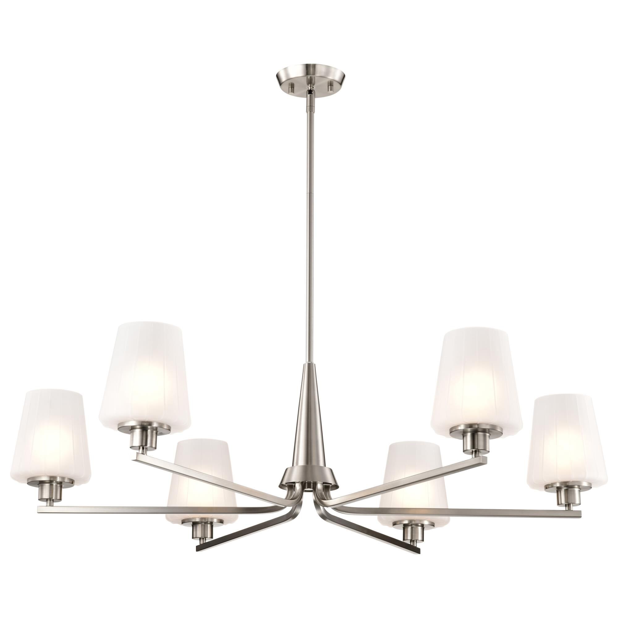 Shown in Brushed Nickel finish and Etched White glass
