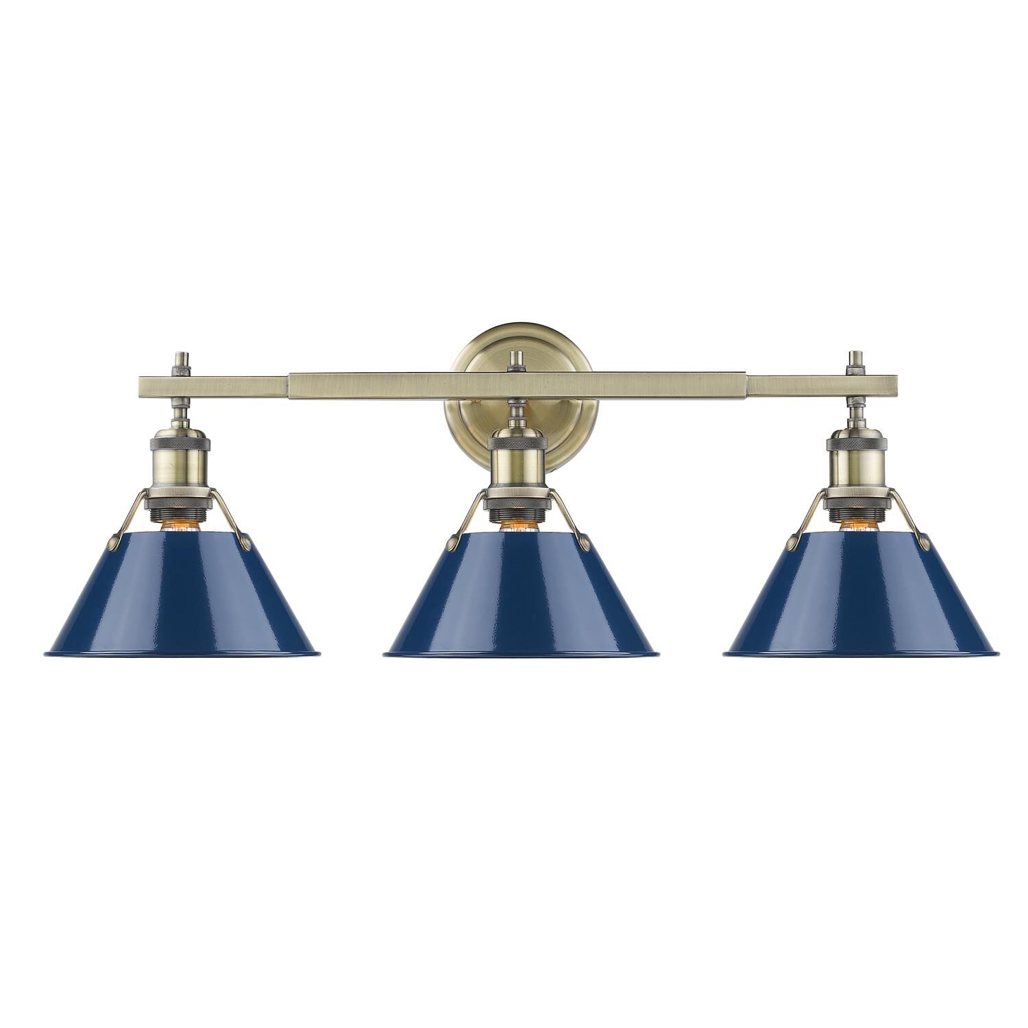 Shown in Aged Brass finish and Navy Blue shade