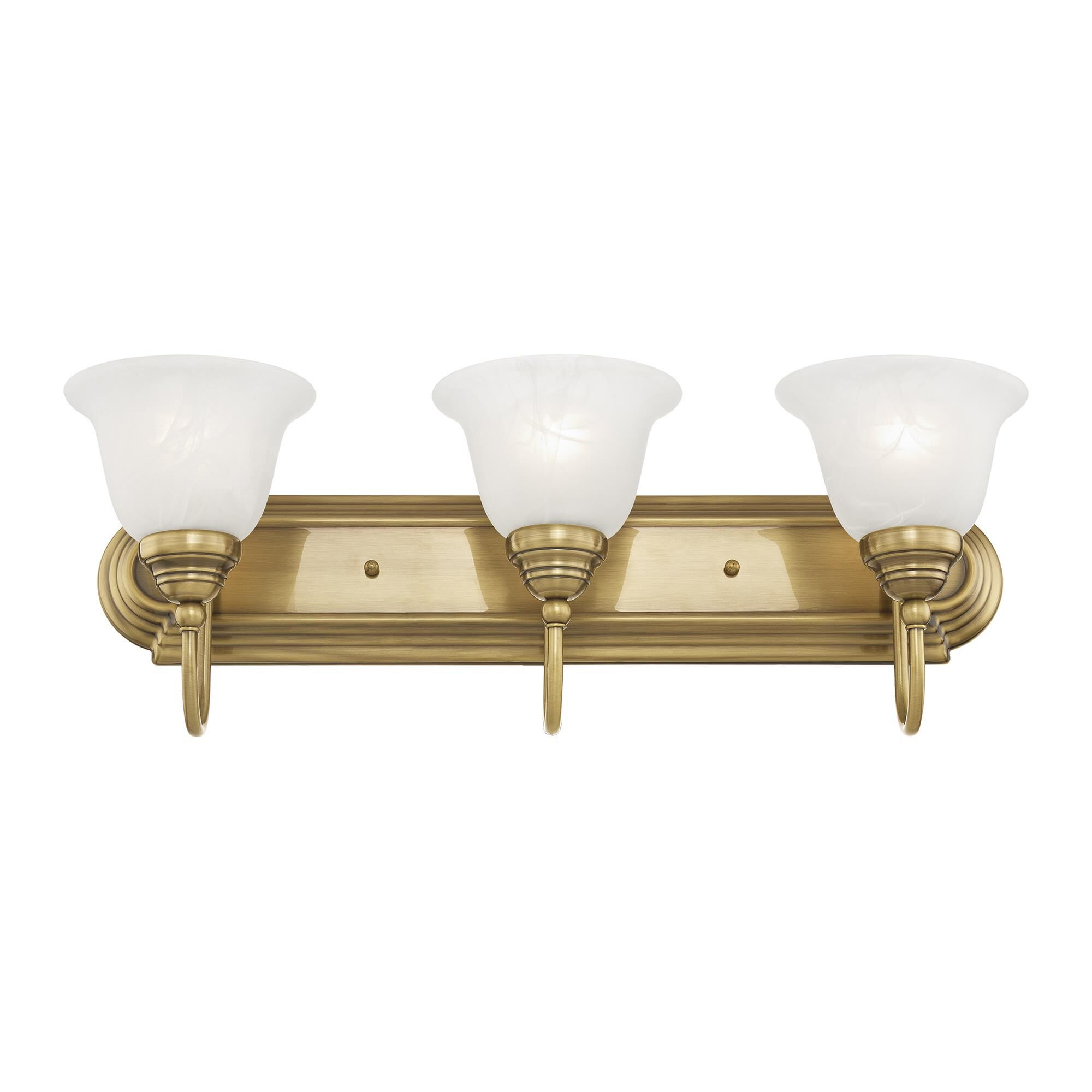 Shown in Antique Brass finish and White Alabaster glass