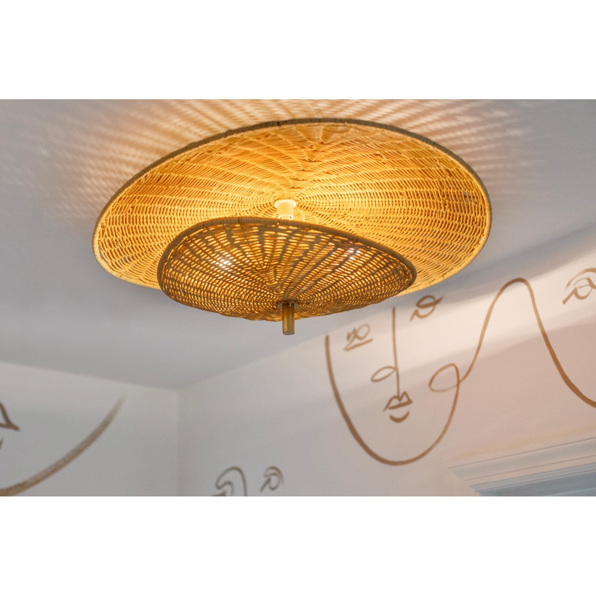 Shown in Aged Brass finish and Natural Woven shade