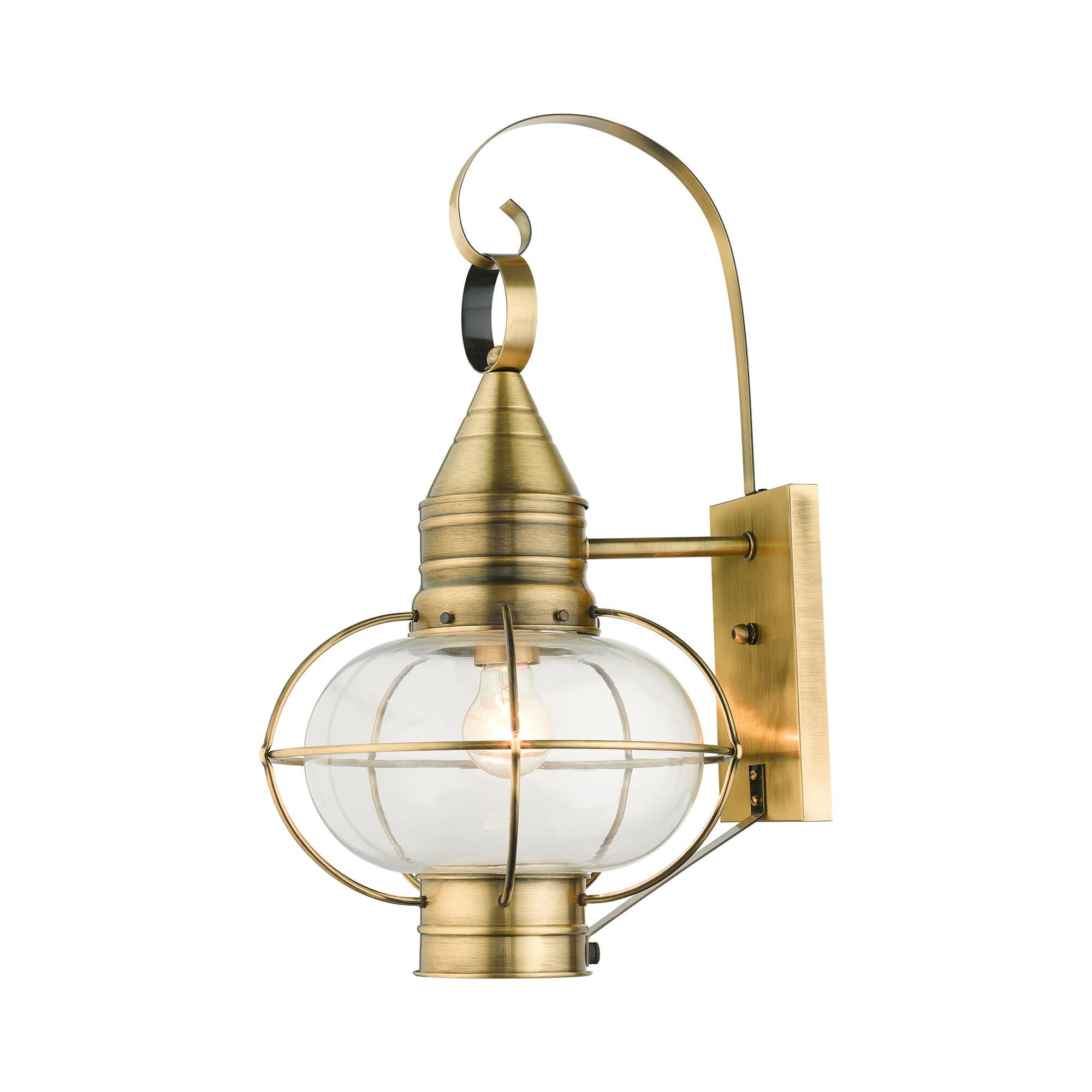 Shown in Antique Brass finish and Hand Blown Clear glass