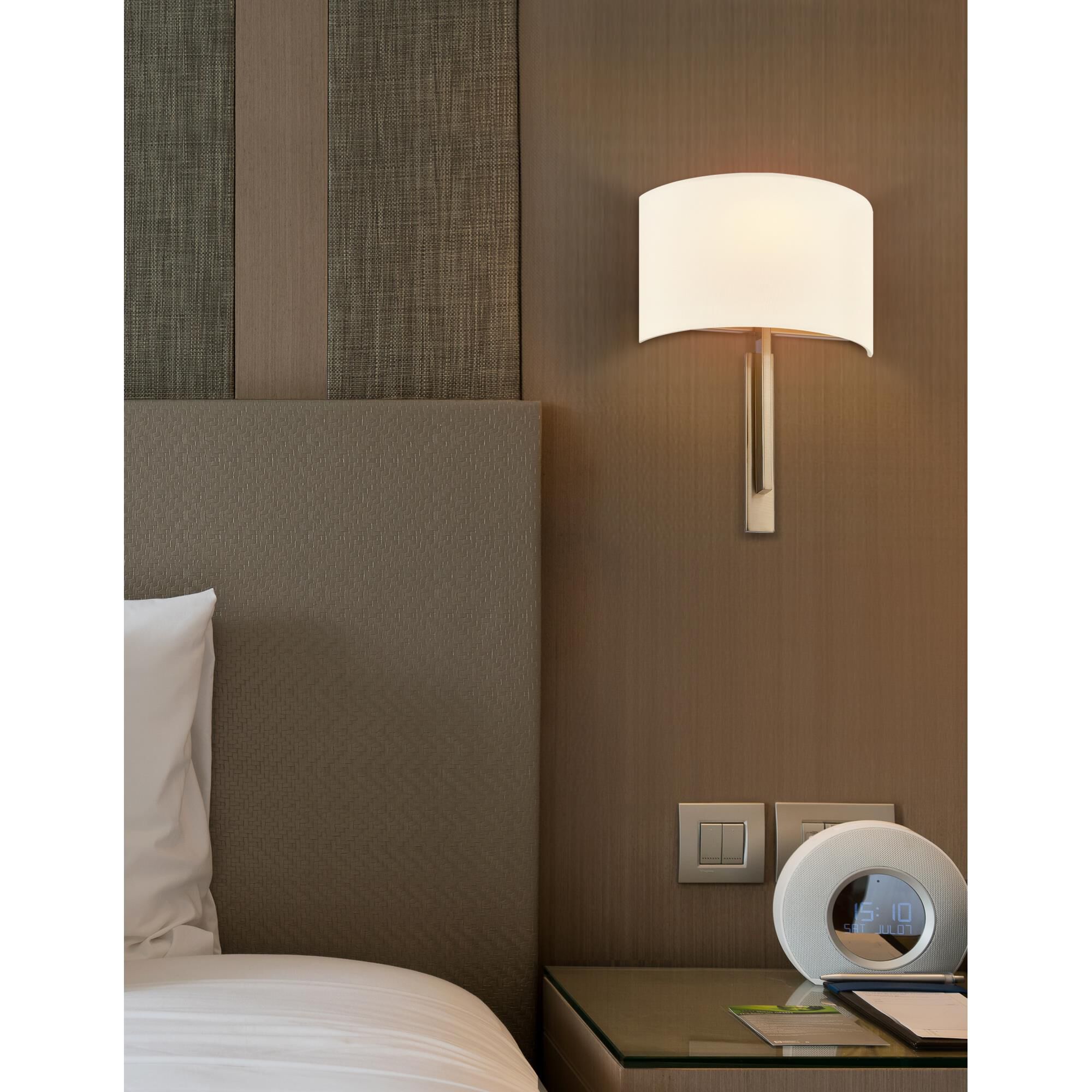 Shown in Brushed Brass finish and White Woven Fabric shade