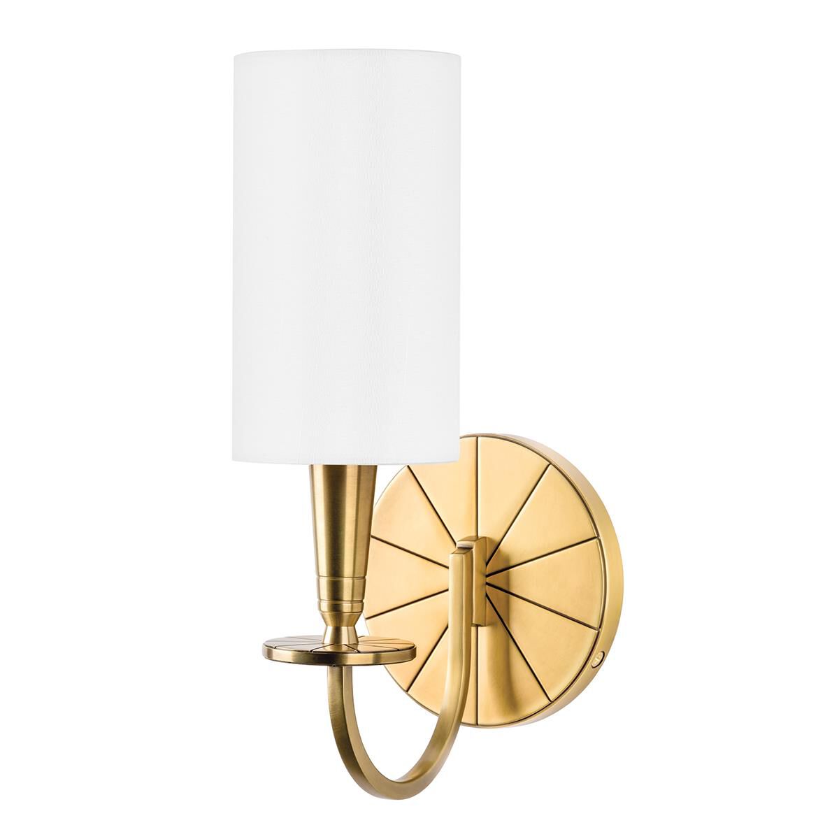 Shown in Aged Brass finish and White Faux Silk shade