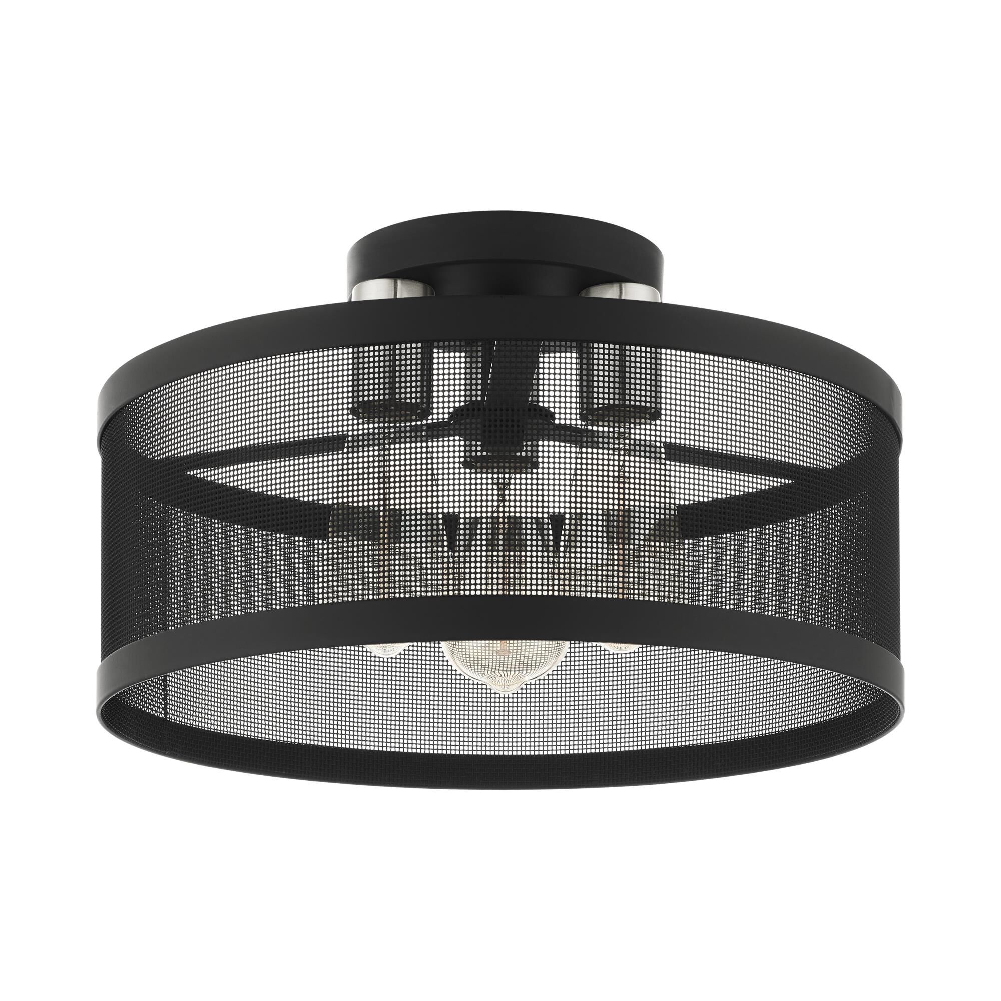 Shown in Black With Brushed Nickel Accents finish and Black Stainless Mesh Shade glass and Black Stainless Mesh shade