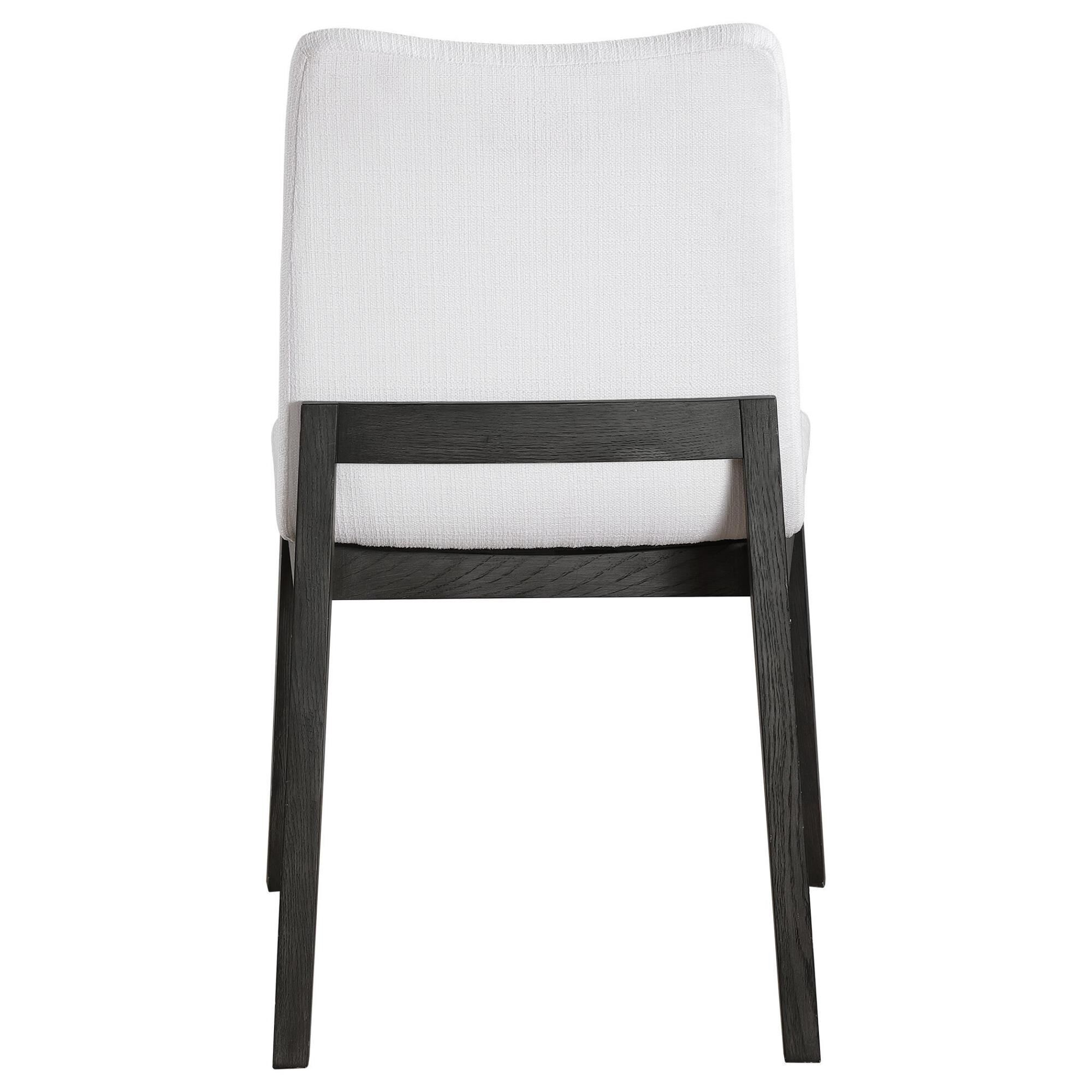 Shown in Gently Sloped Padded Seat In A Crisp White Polyester Blend Fabric Rests Within A Solid Oak Wood Fram finish