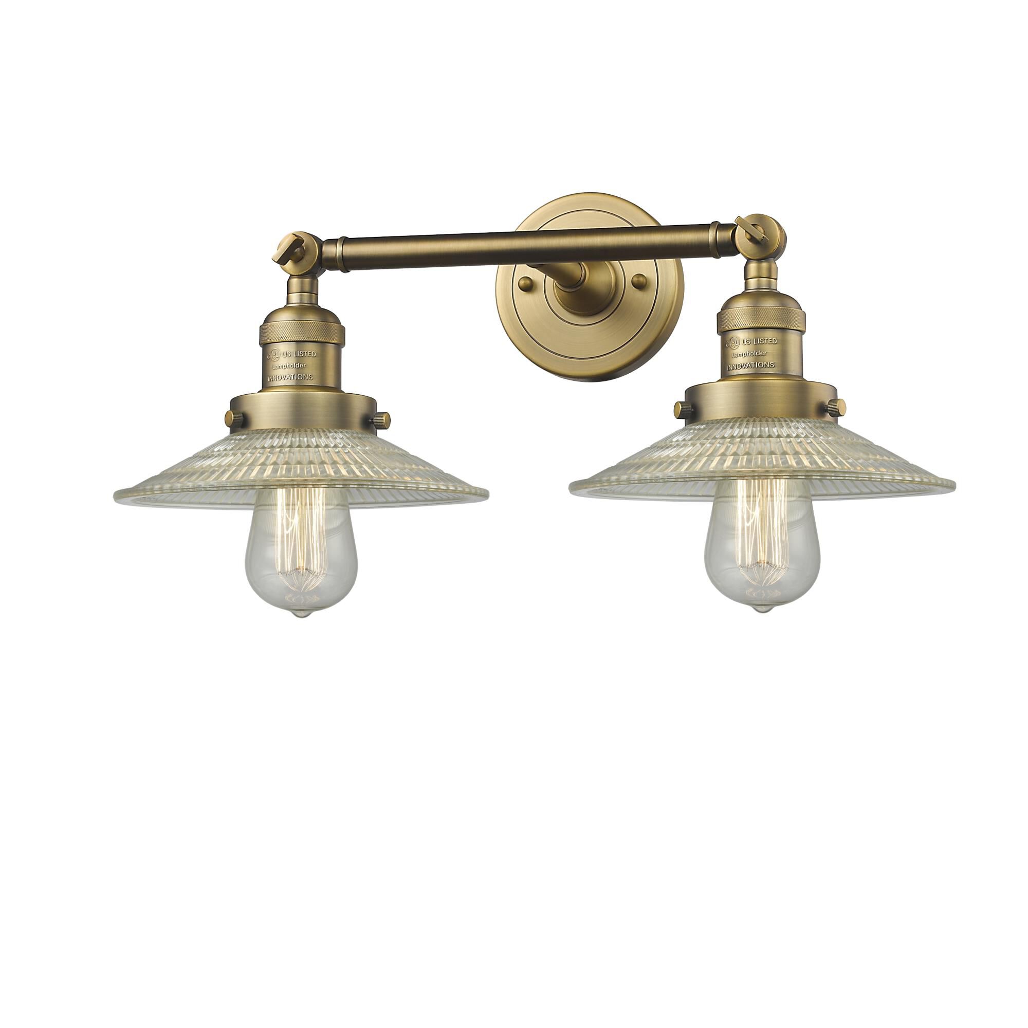 Shown in Brushed Brass finish and Clear Halophane glass