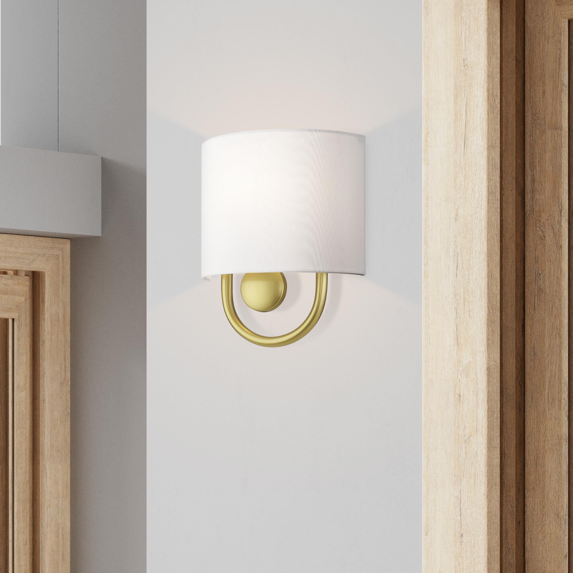 Shown in Soft Gold finish and Hand Crafted Off-White Fabric Hardback with White Fabric Inside shade