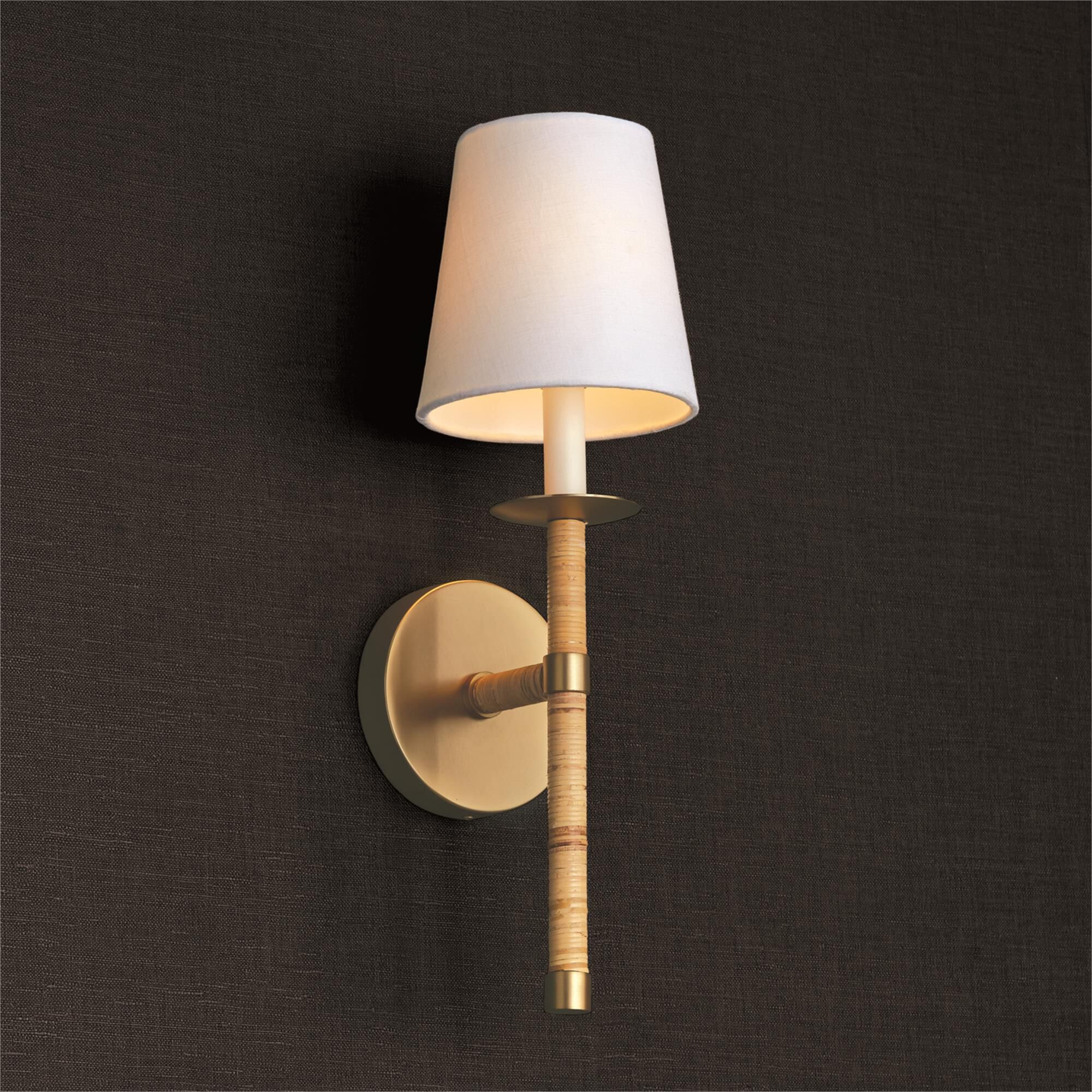 Shown in Matte Brass finish and White Fabric Stay-Straight shade