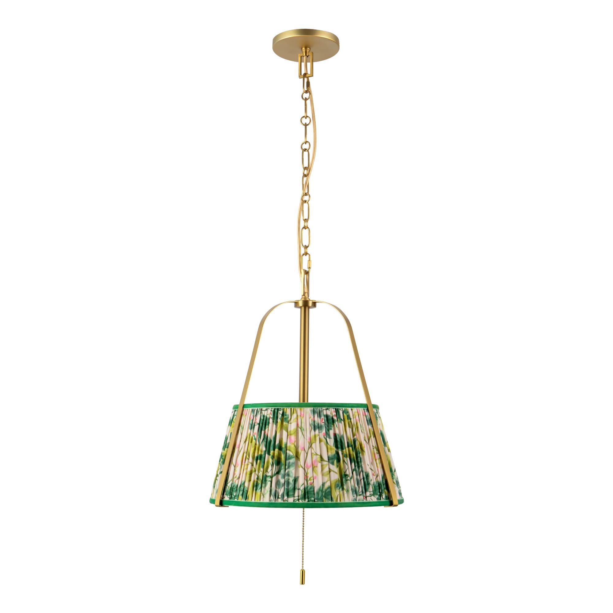 Shown in Brushed Gold finish and Green Linen shade