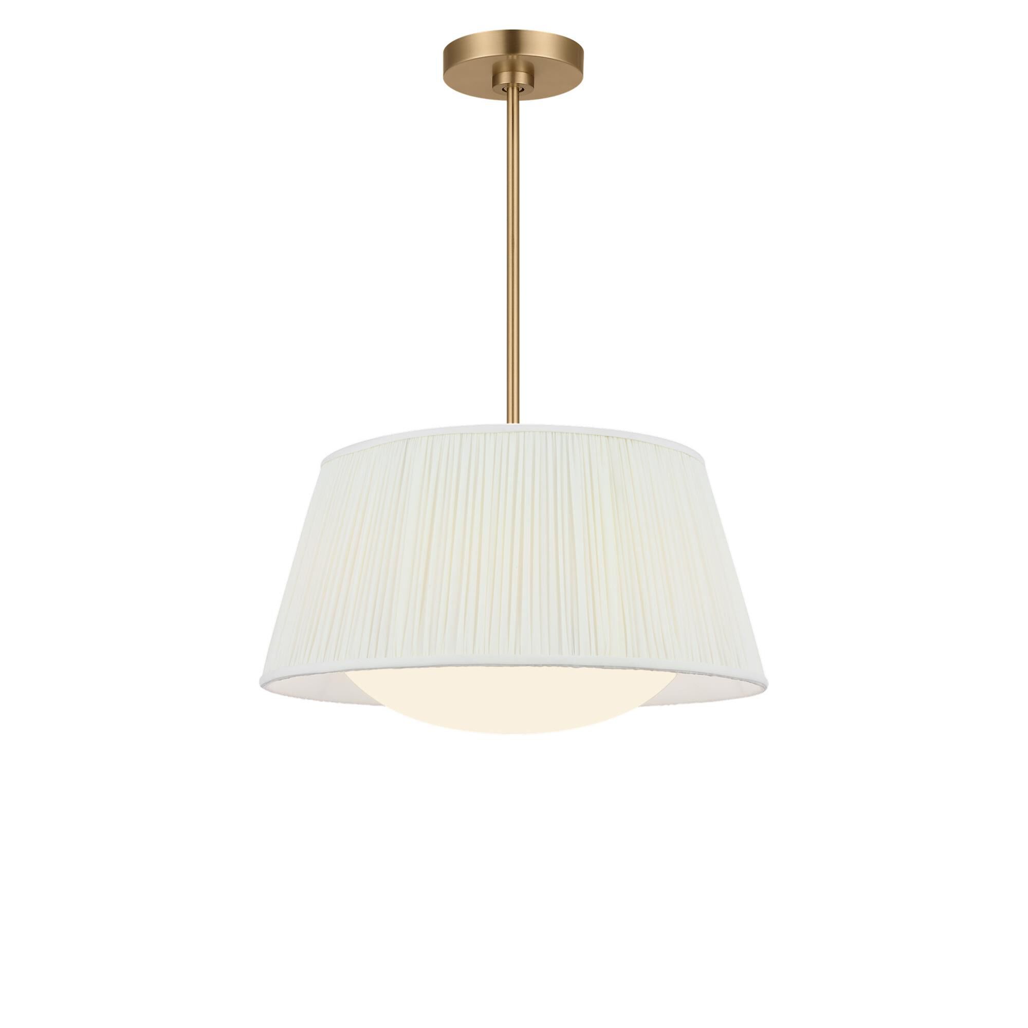 Shown in Satin Brass finish and Mushroom Pleat Fabric shade
