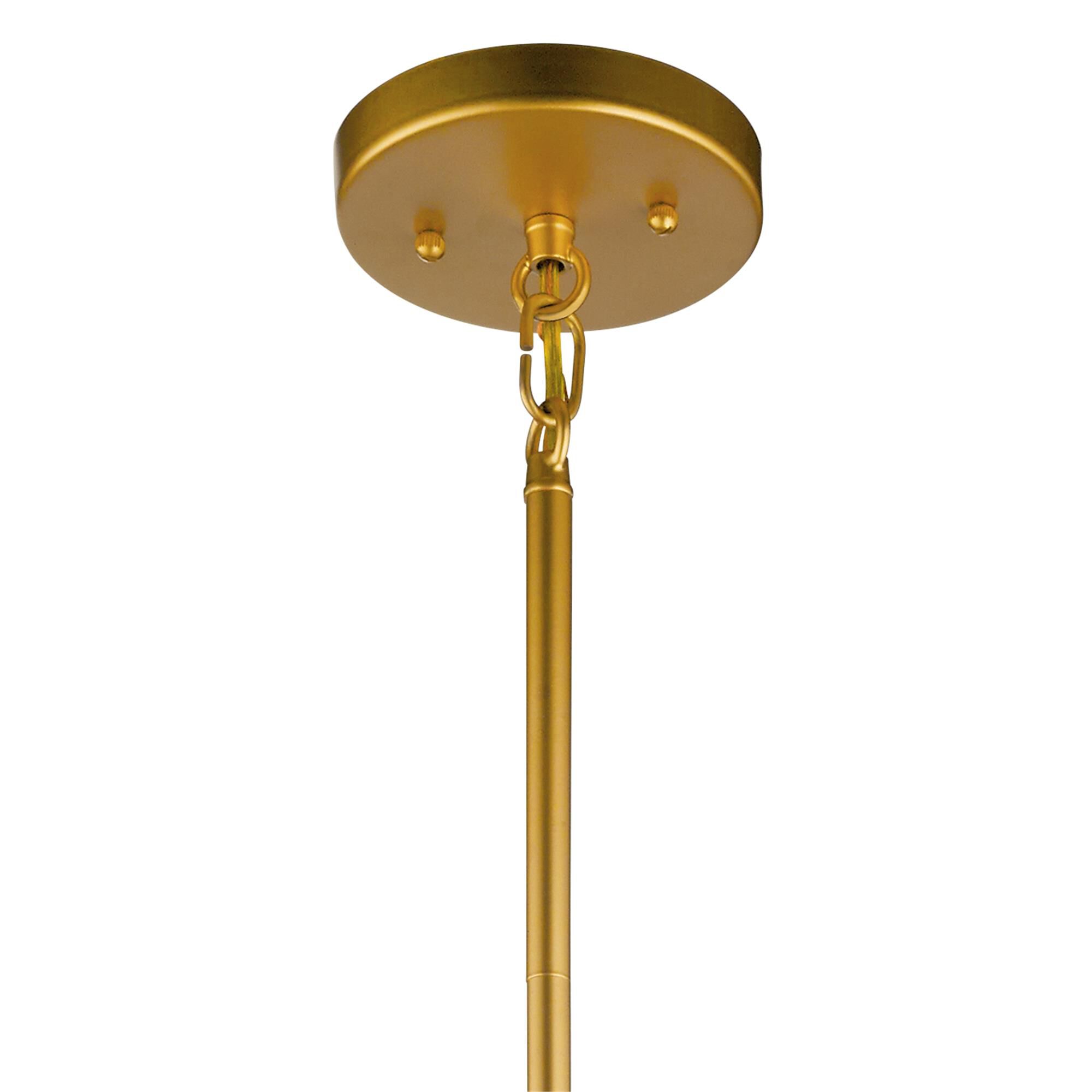 Shown in Classic Gold finish and Satin Etched glass and White Fabric shade
