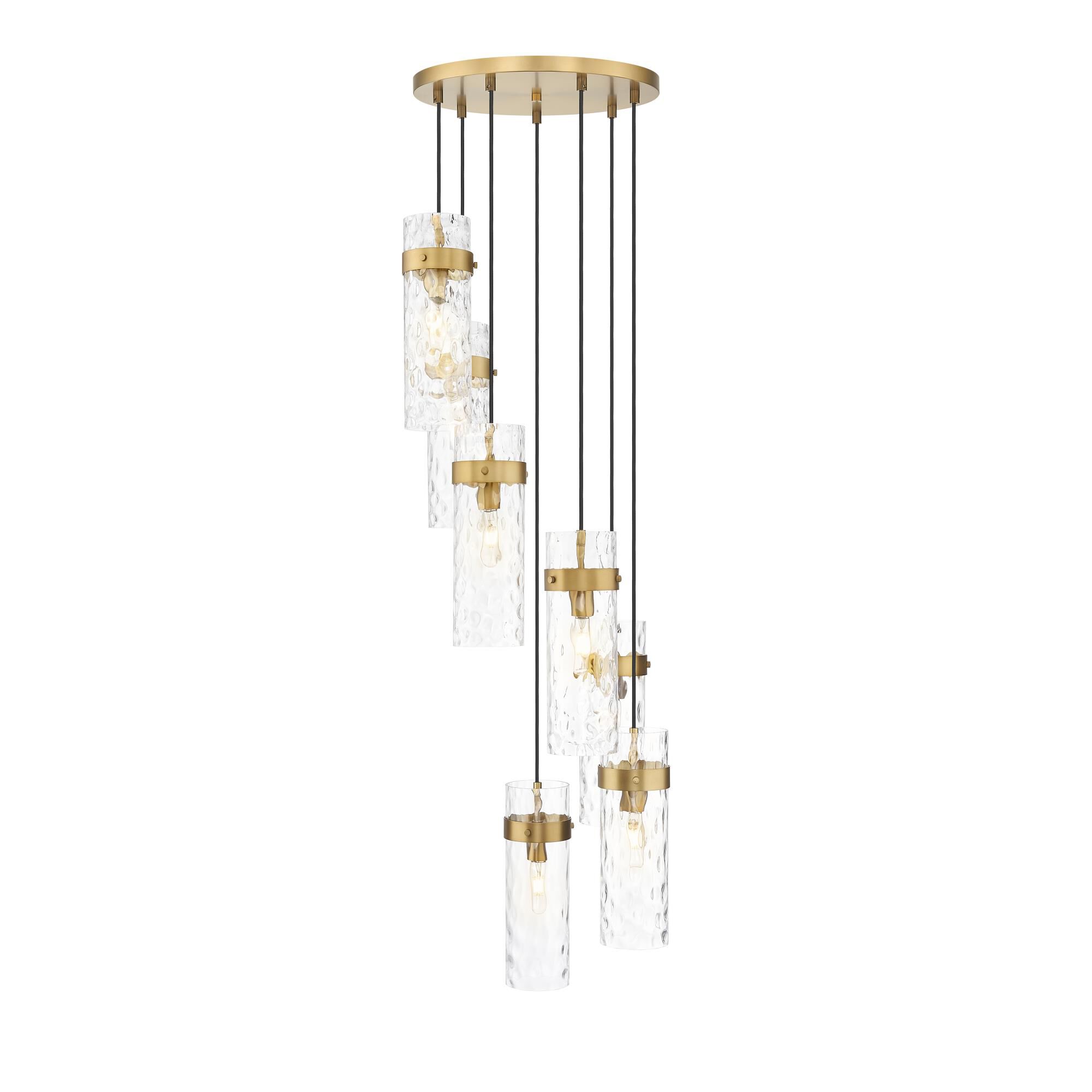 Shown in Rubbed Brass finish and Clear Water glass and Clear Water shade