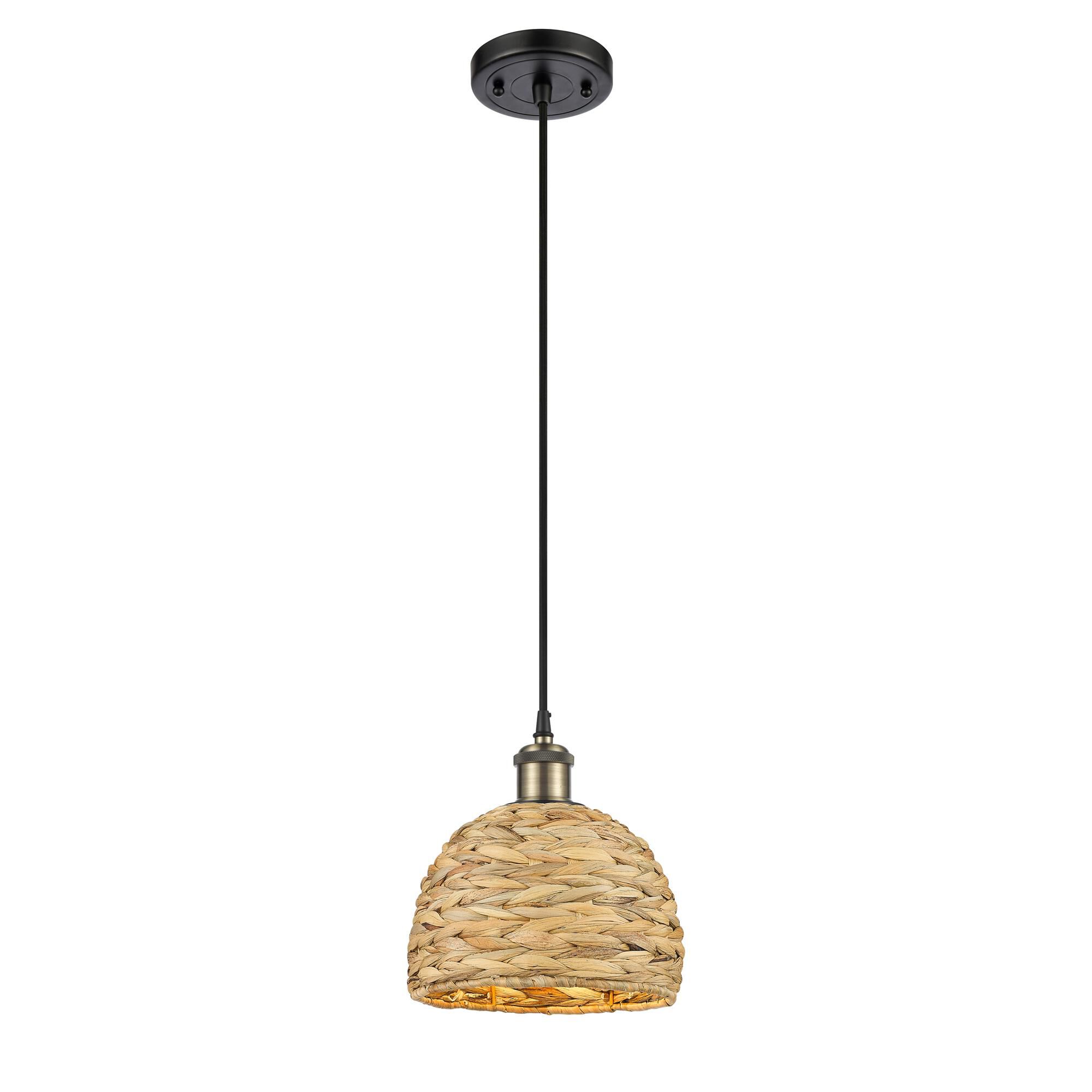 Shown in Black Antique Brass finish and Natural shade