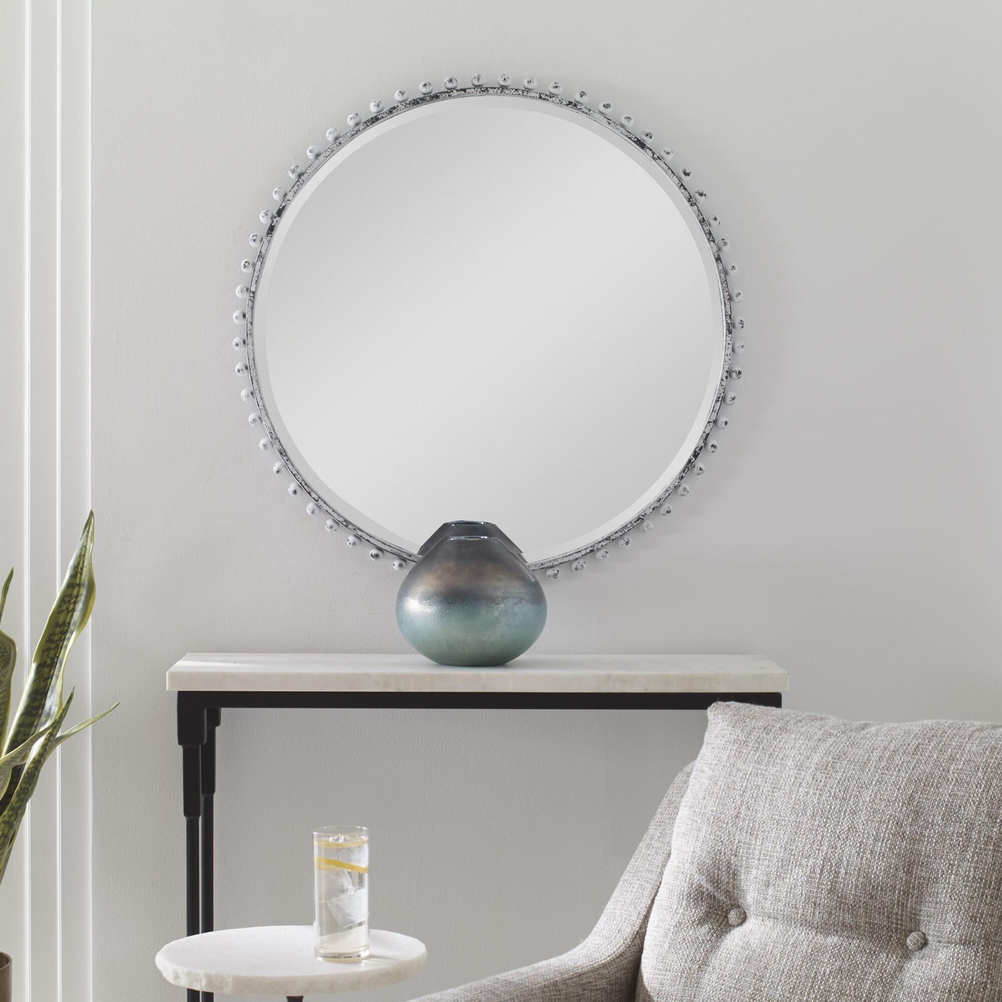 Shown in Petite Iron Spheres Line The Outer Edge Of This Round Frame, Finished In A Heavily Distressed Aged W finish