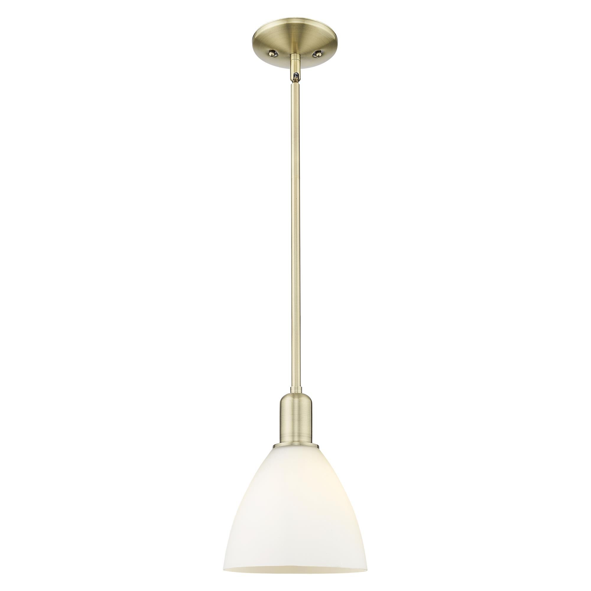Shown in Antique Brass finish and Matte White glass