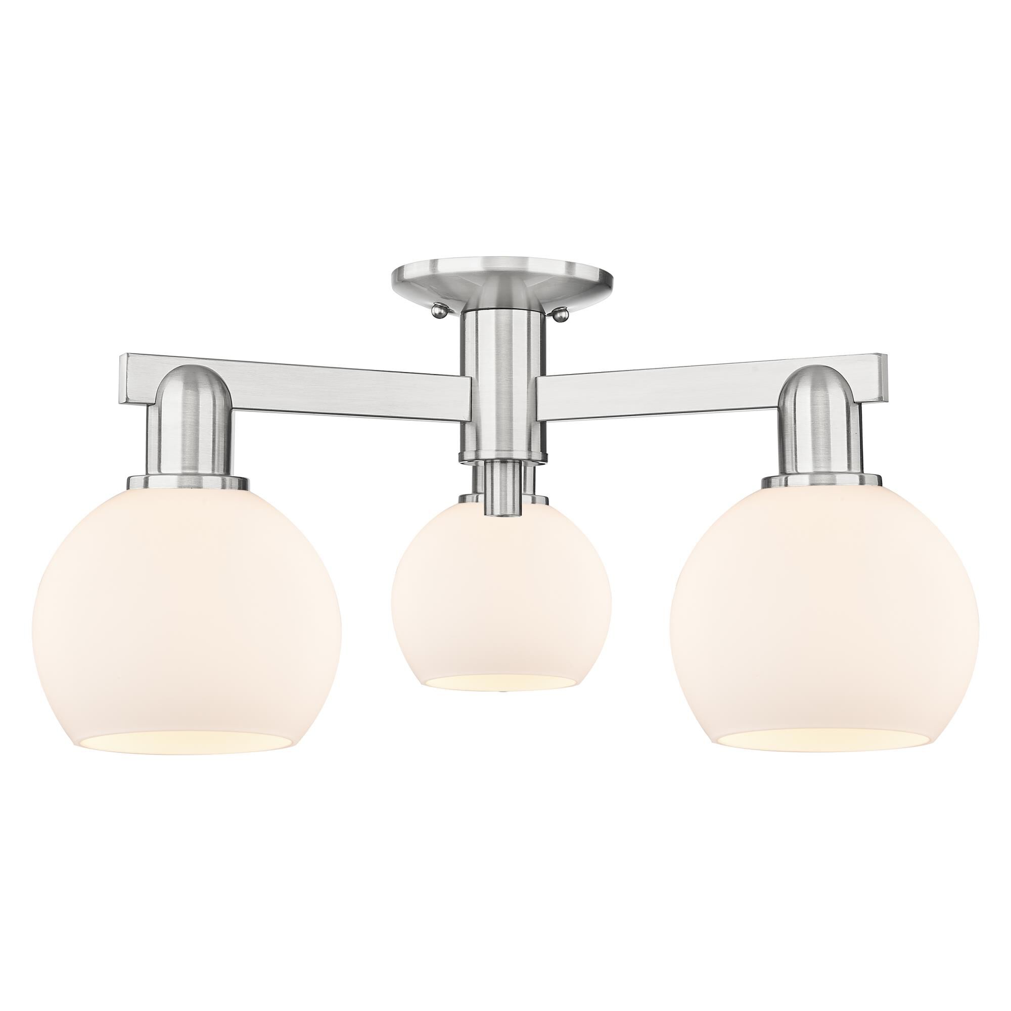 Shown in Brushed Satin Nickel finish and Matte White glass