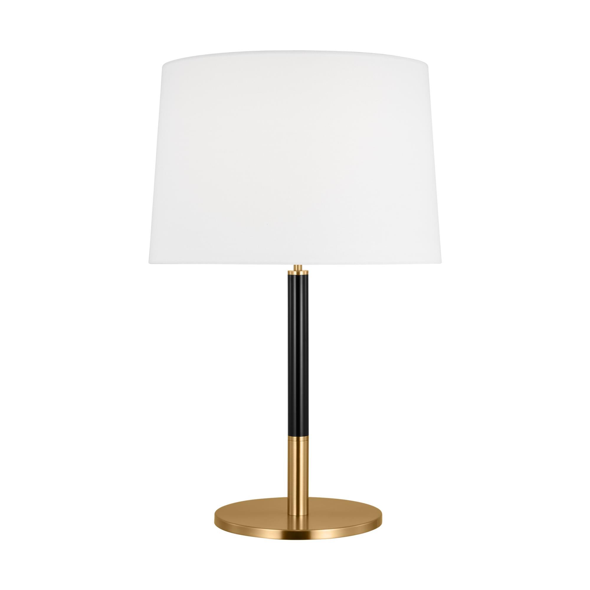 Shown in Burnished Brass finish and White Linen Fabric shade