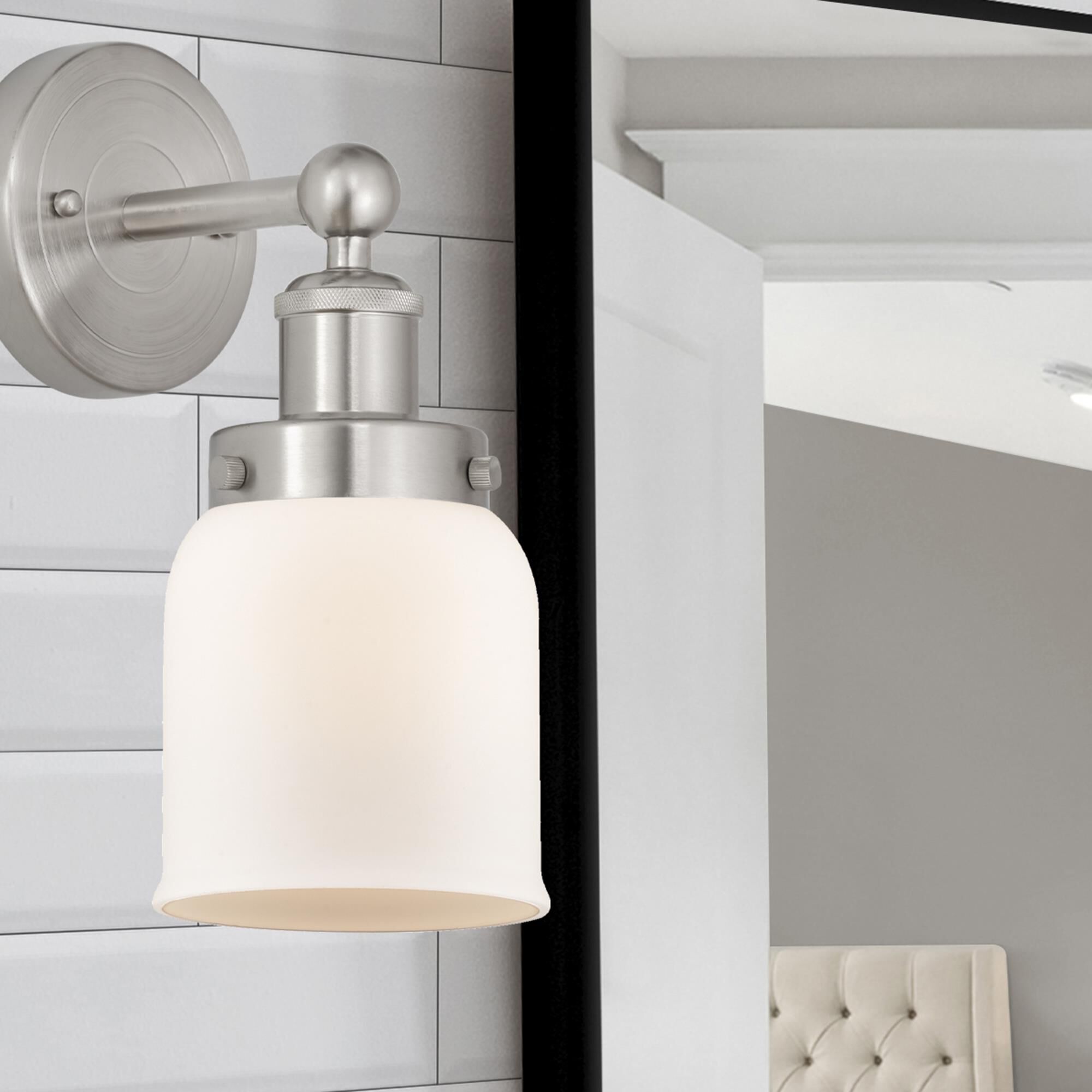 Shown in Brushed Satin Nickel  finish and Matte White glass