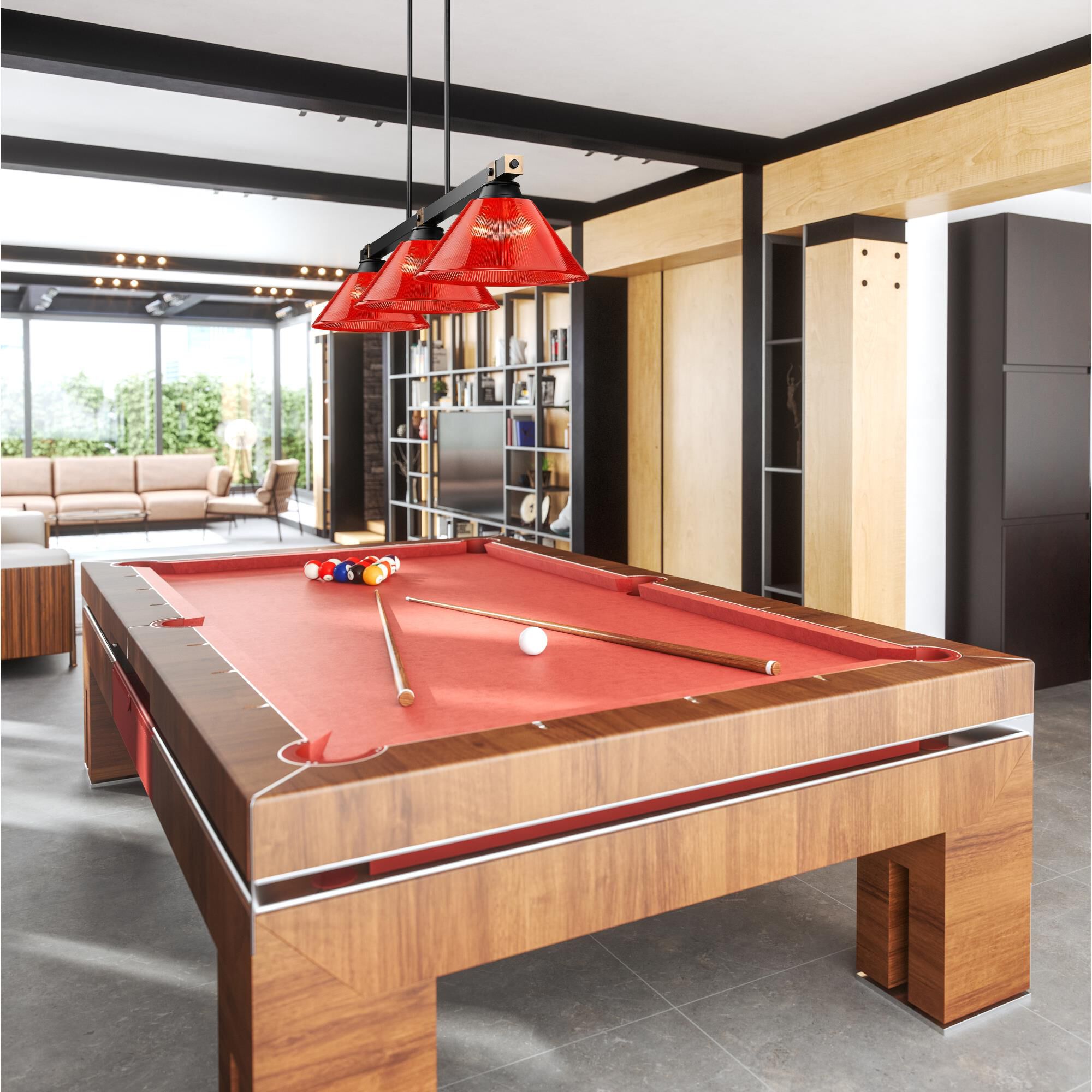 Shown in Matte Black + Rubbed Brass finish and Burgundy glass and Burgundy shade