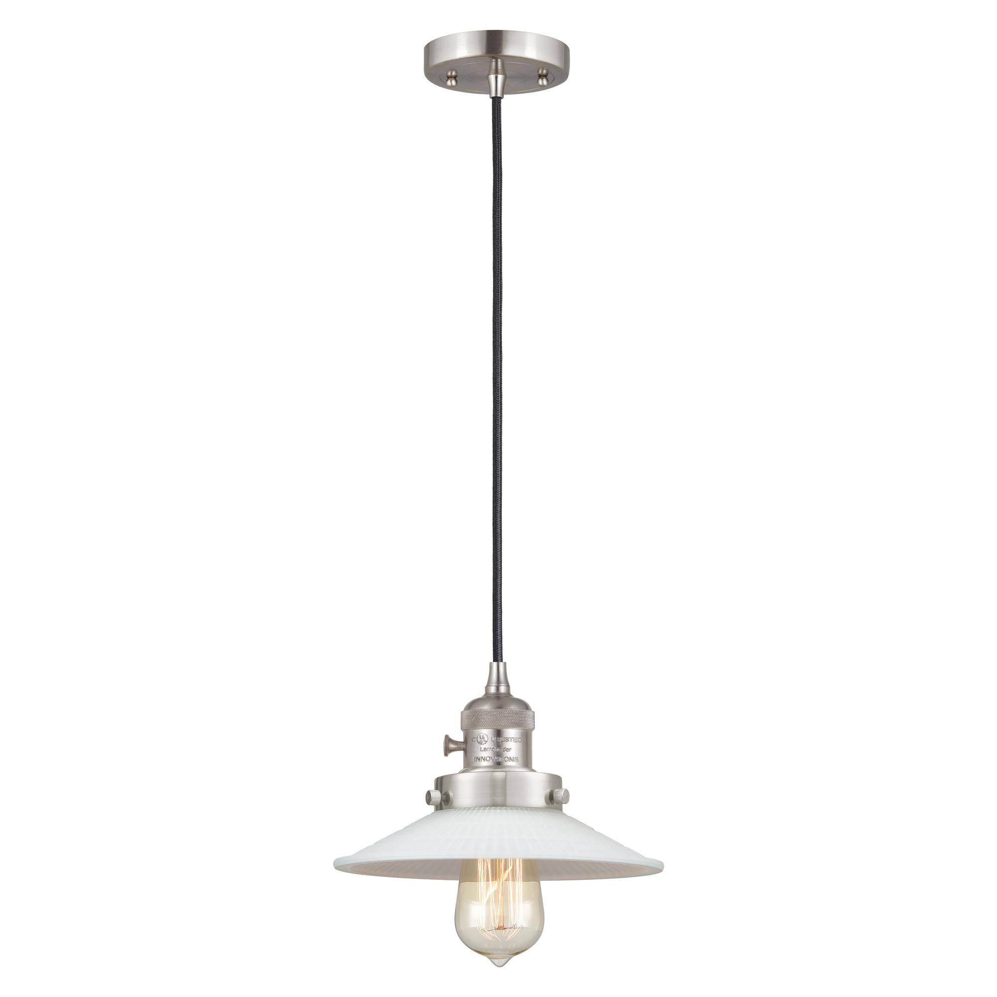 Shown in Brushed Satin Nickel finish and Matte White glass
