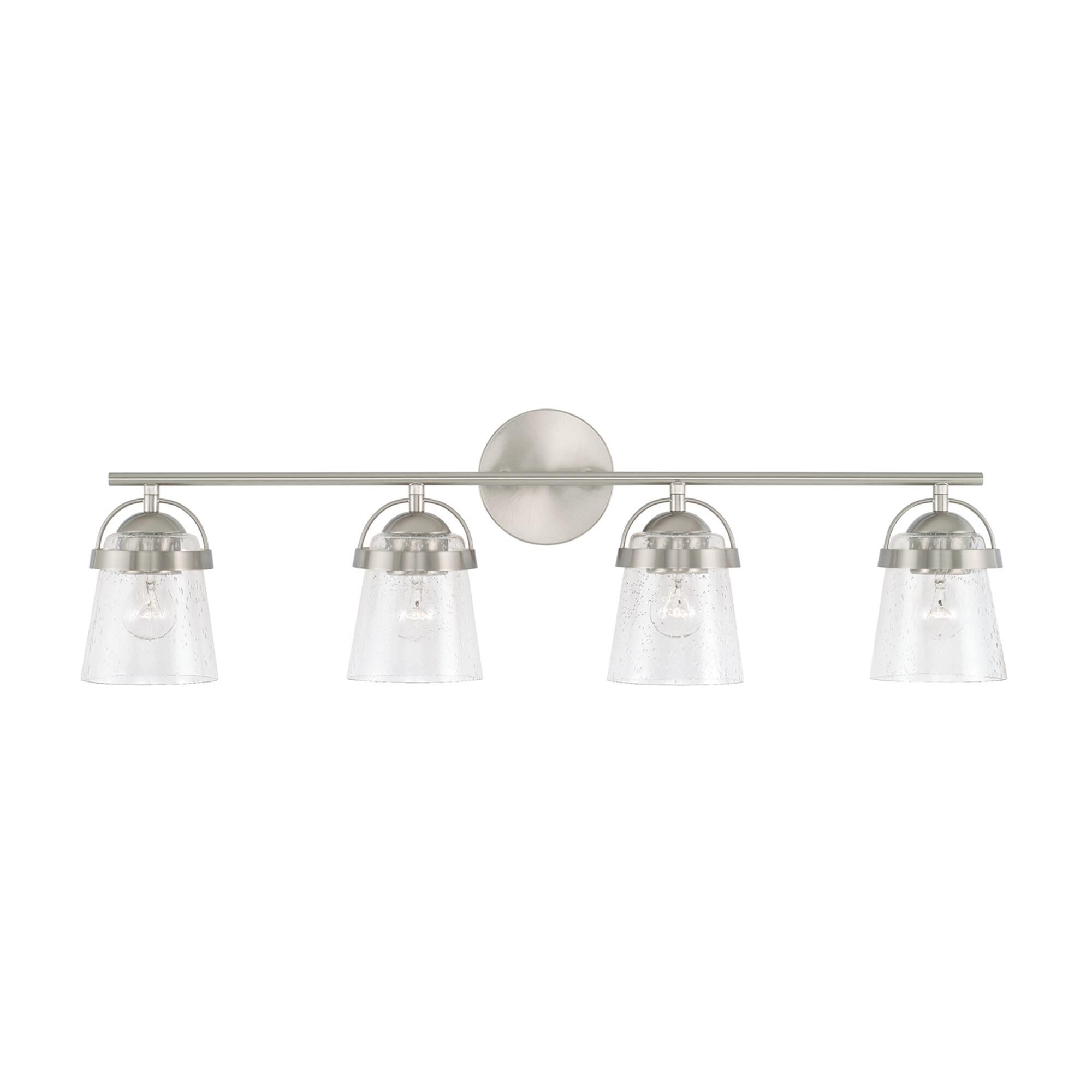 Shown in Brushed Nickel finish and Clear Seeded glass