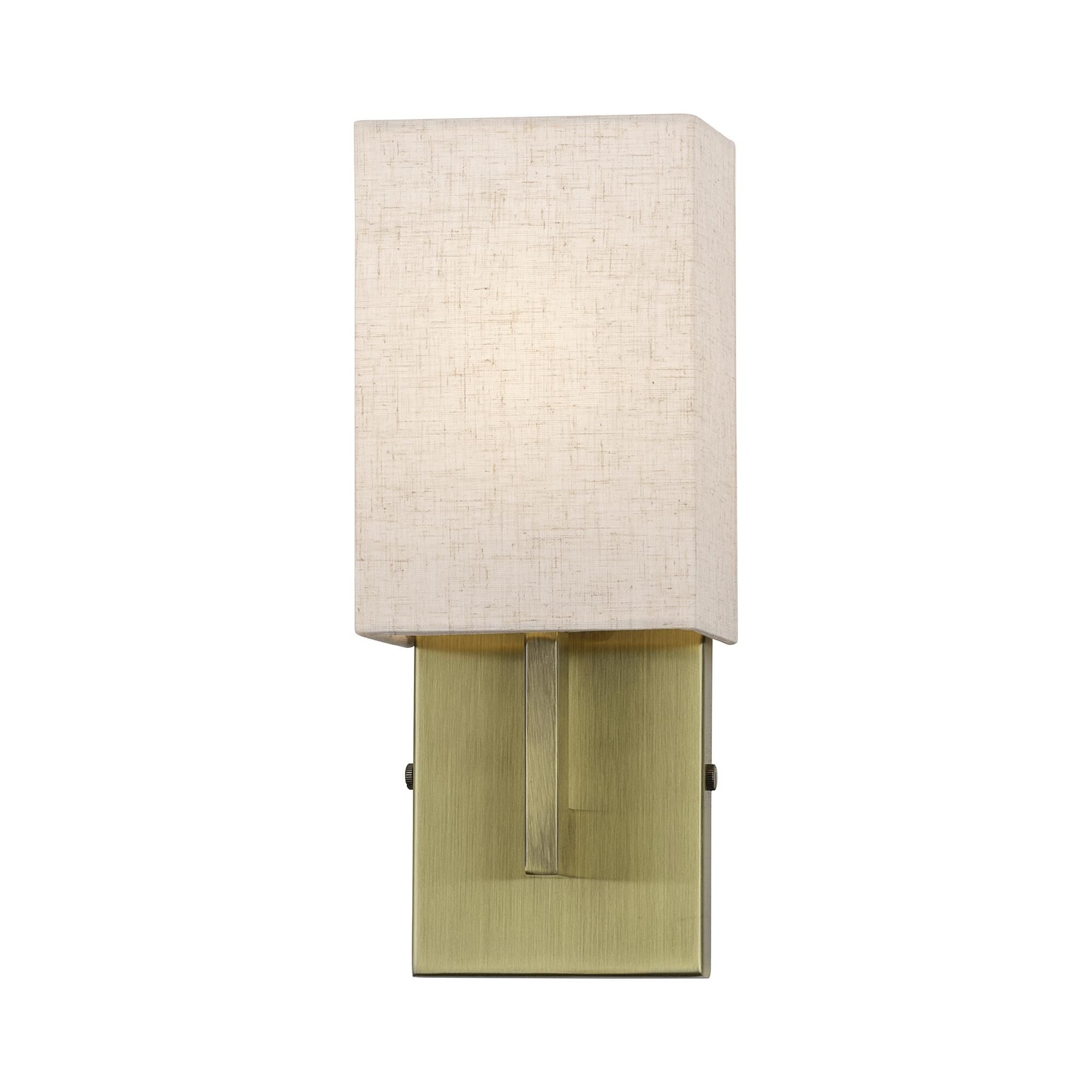 Shown in Antique Brass finish and Hand Crafted Oatmeal Color Fabric with White Color Inside shade