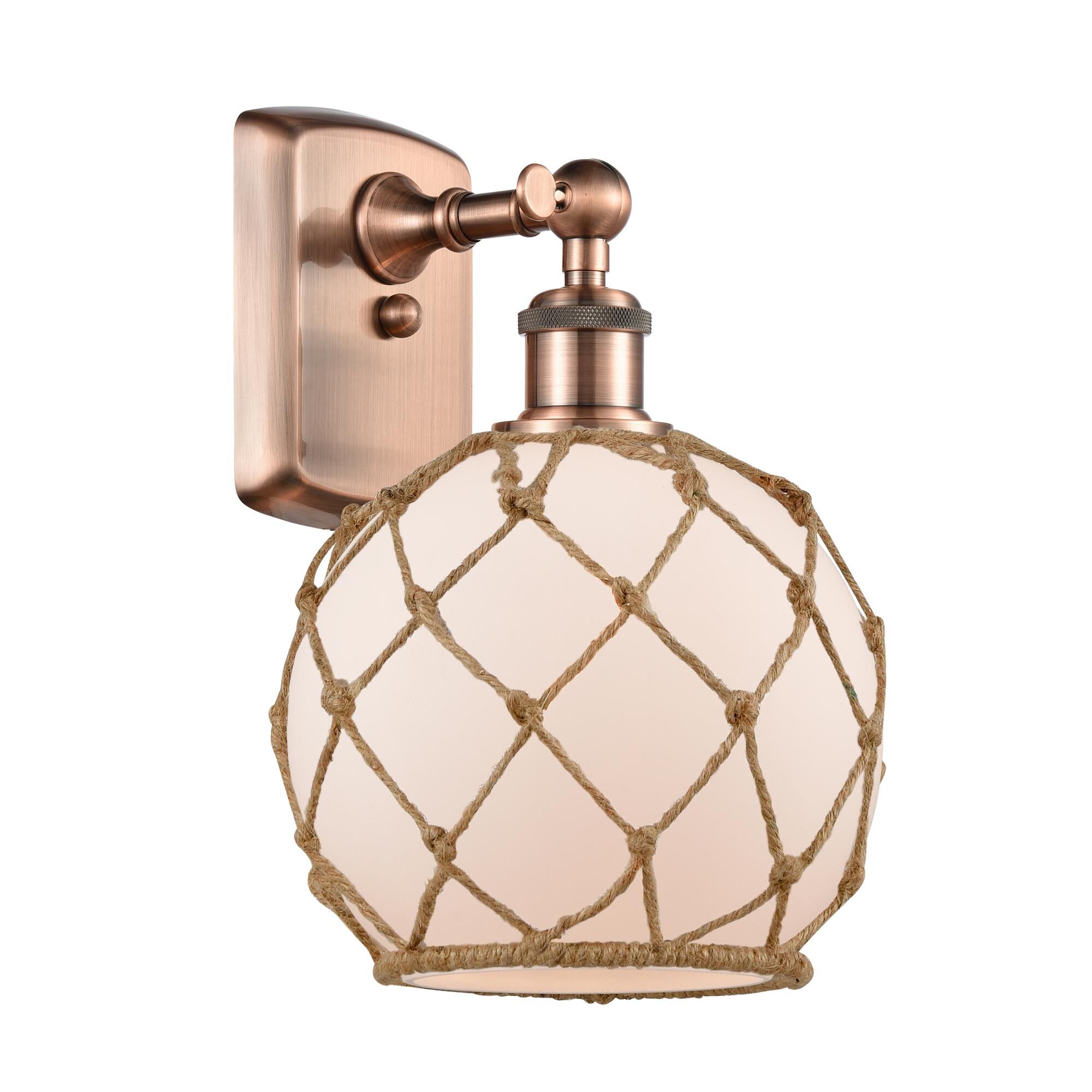 Shown in Antique Copper finish and Sphere glass and Glass And Rope shade