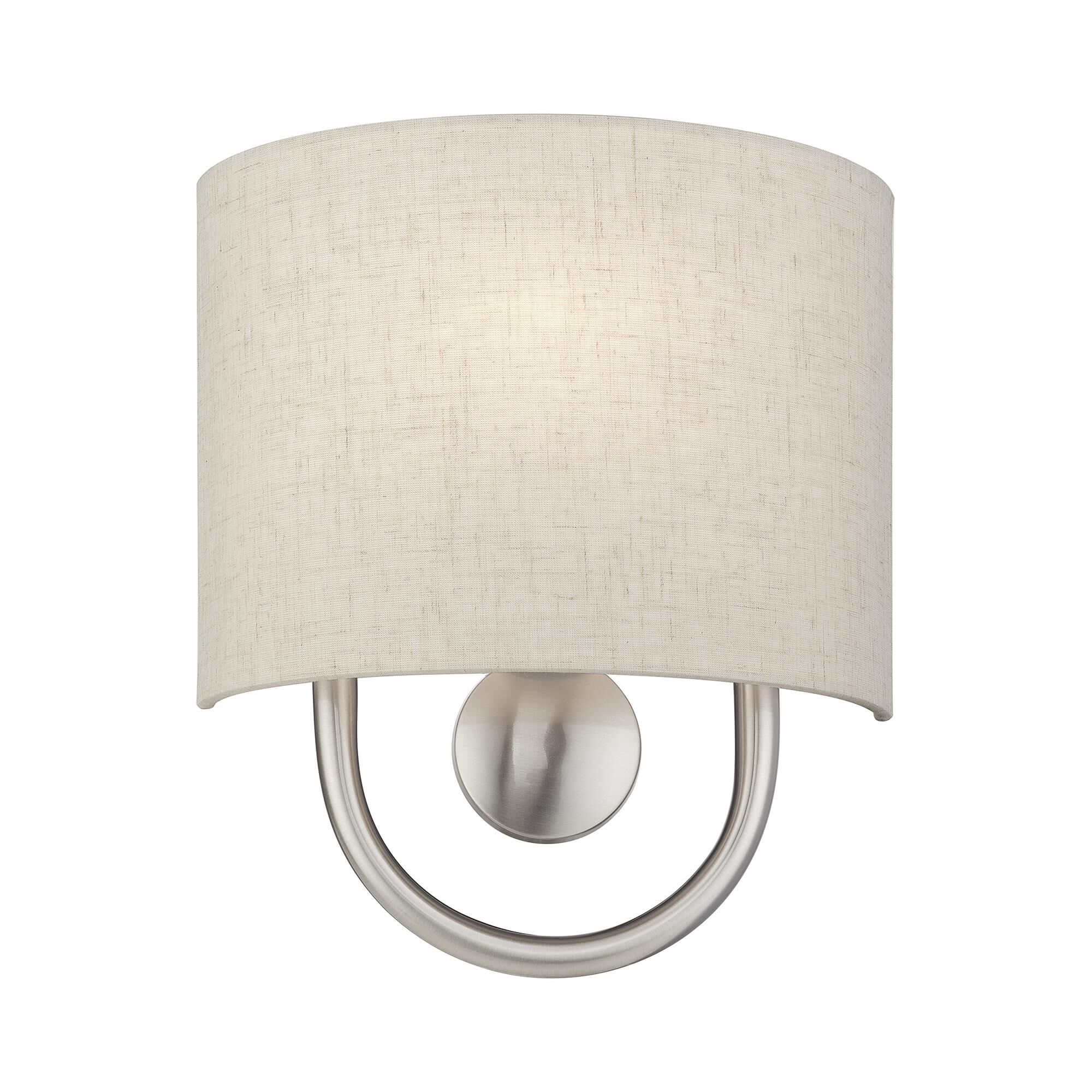 Shown in Brushed Nickel finish and Hand Crafted Oatmeal Color Fabric Hardback with White Fabric Inside shade
