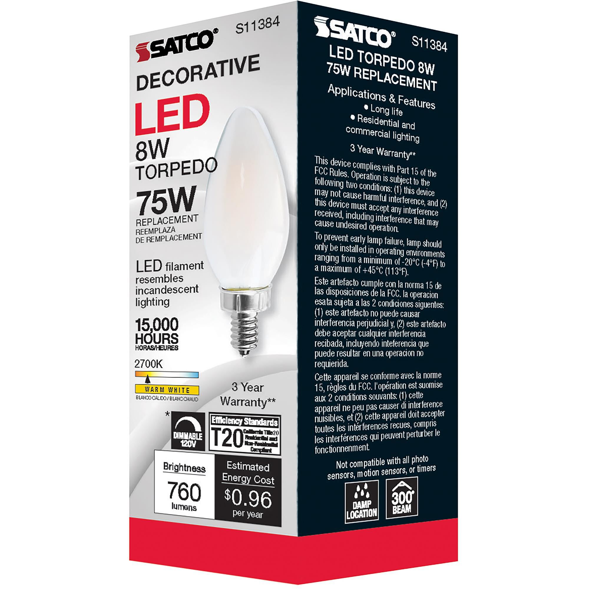 Dimmable 8 Watt 2700K C11 LED Light Bulb by Satco