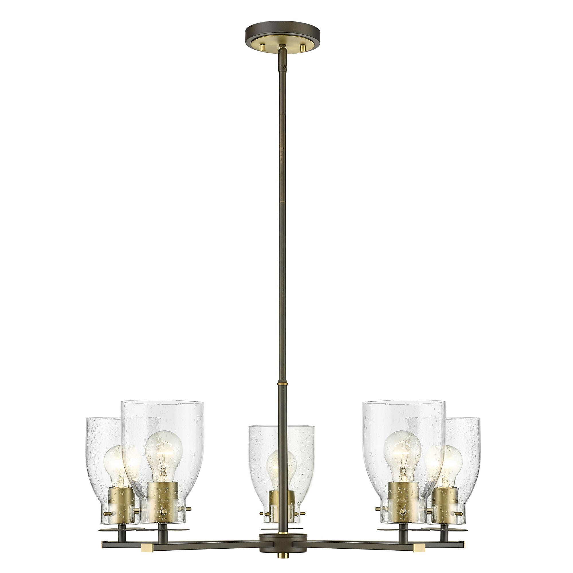Shown in Oil Rubbed Bronze And Antique Brass finish and Clear Seedy Glass shade