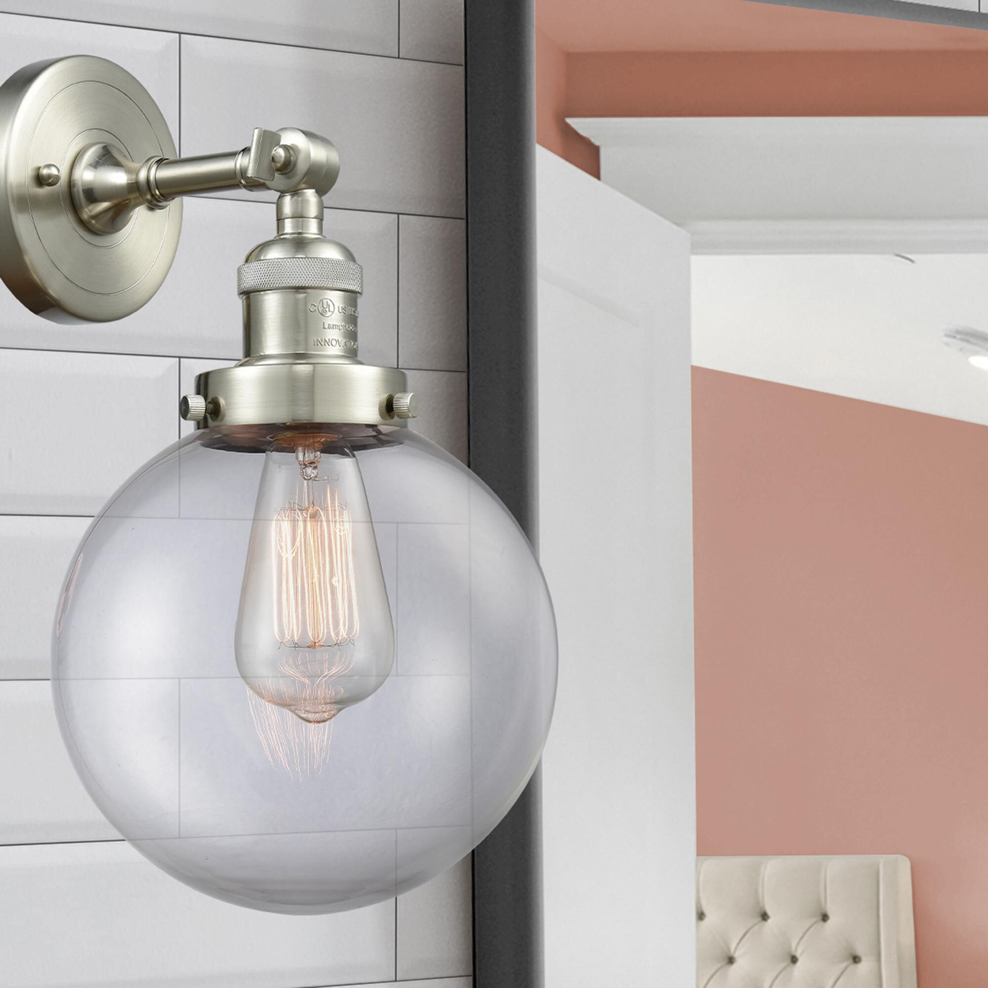 Shown in Brushed Satin Nickel finish and Clear glass and No Accent accent